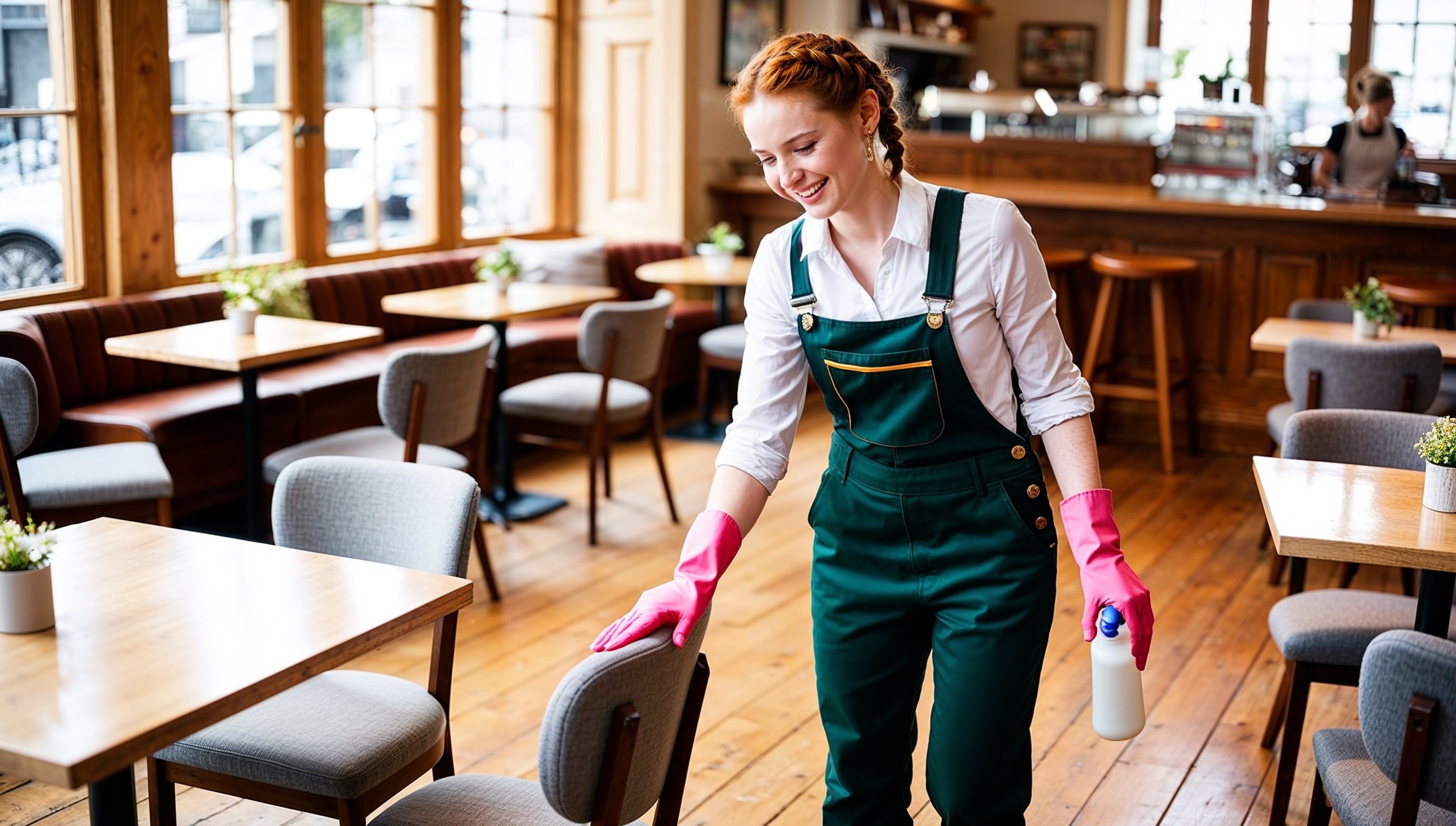 Janitorial Services Park City - A happy professional cleaner in green overalls, pink gloves, and a white shirt tidies up the seating in the dining area of a cafe. The tables, having been freshly wiped and sanitized, gleam as much as the wide windows and countertops. The comfy chairs and stools at the bar are spotless.