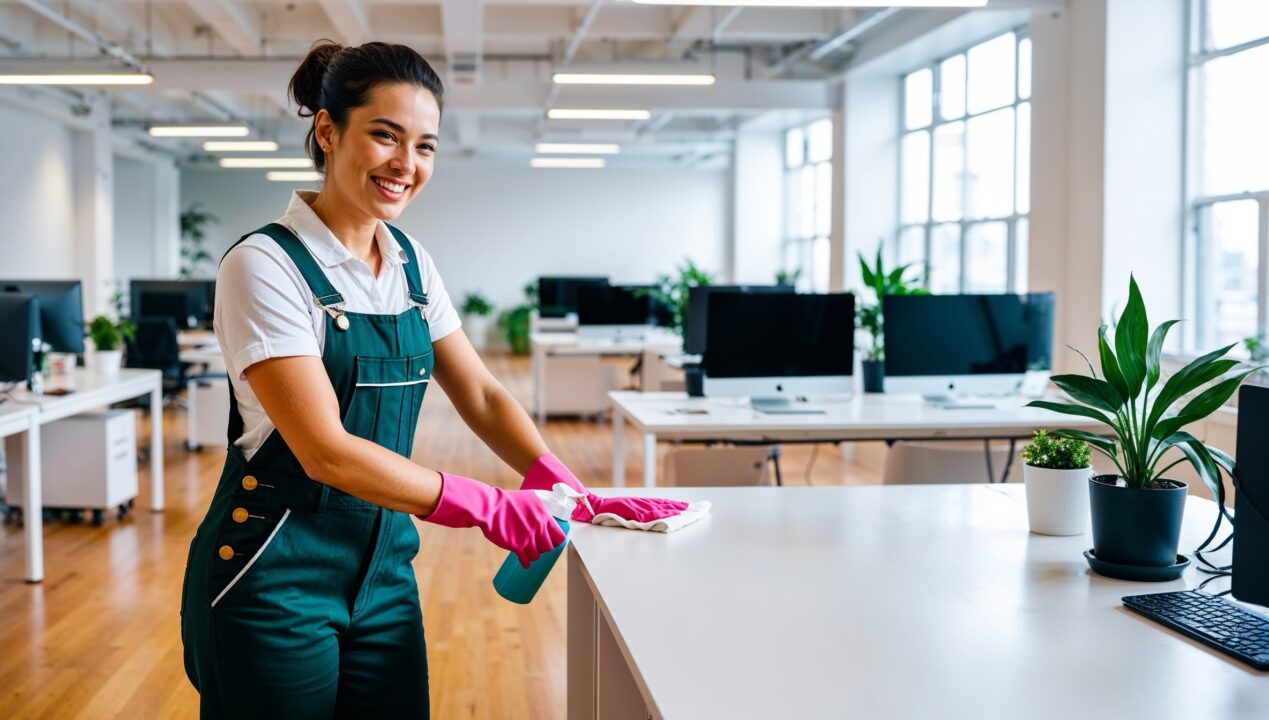 Janitorial Services Park City - A cheery professional cleaner in green overalls, a white shirt, and pink gloves smiles as she wipes and disinfects a white table in an office. The table is spotless as proof of her expertise, as do the other office tables, columns, and wide windows behind her.