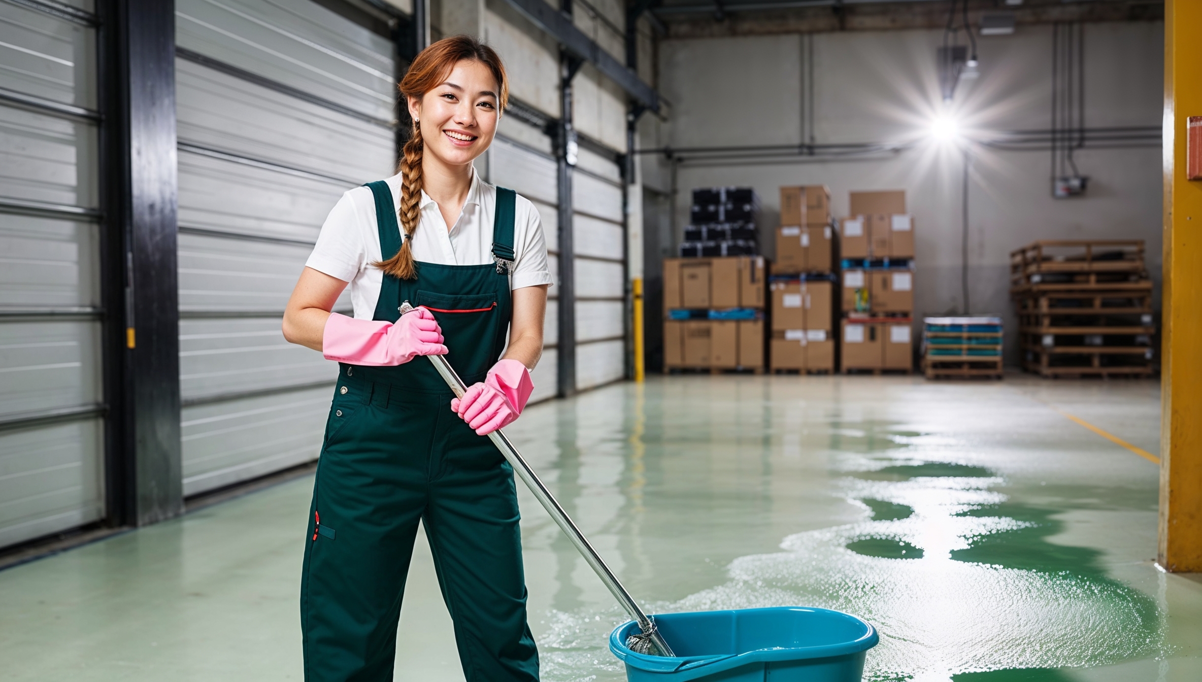 Janitorial Services Pleasant Grove. A cheerful cleaner in dark green overalls with a white shirt and pink cleaning gloves, smiling as she cleans the busy loading dock area of a warehouse. The dock has large garage doors, pallets, and various equipment. The cleaner uses a mop and bucket to scrub the floors, ensuring a clean, safe loading area. Industrial lighting casts a bright, focused glow, highlighting the spotless floor and organized supplies.