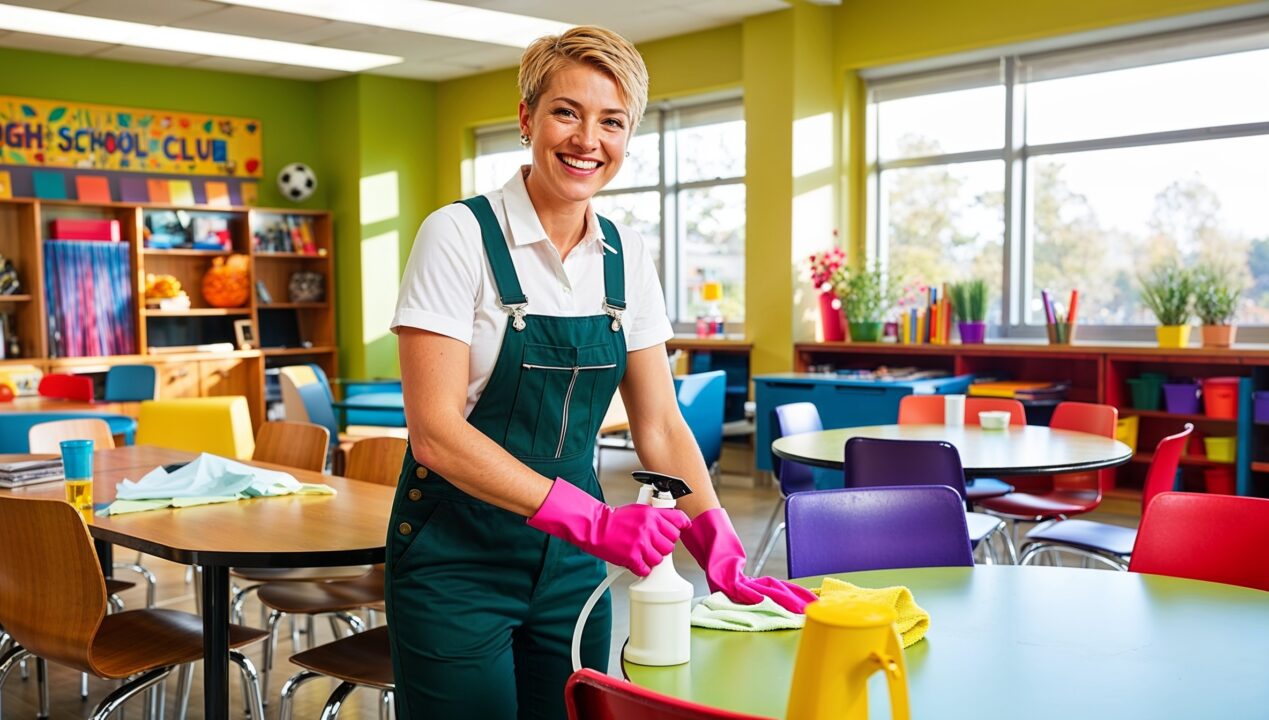 Janitorial Services Pleasant Grove. A cheerful cleaner in dark green overalls with a white shirt and pink cleaning gloves, smiling as she cleans a lively high school club room. The room has a variety of chairs and tables, posters on the walls, and art supplies on a shelf, representing the club’s activities. The cleaner uses a spray bottle and cloth to wipe down a table covered with art materials and paper scraps, ensuring cleanliness and order.