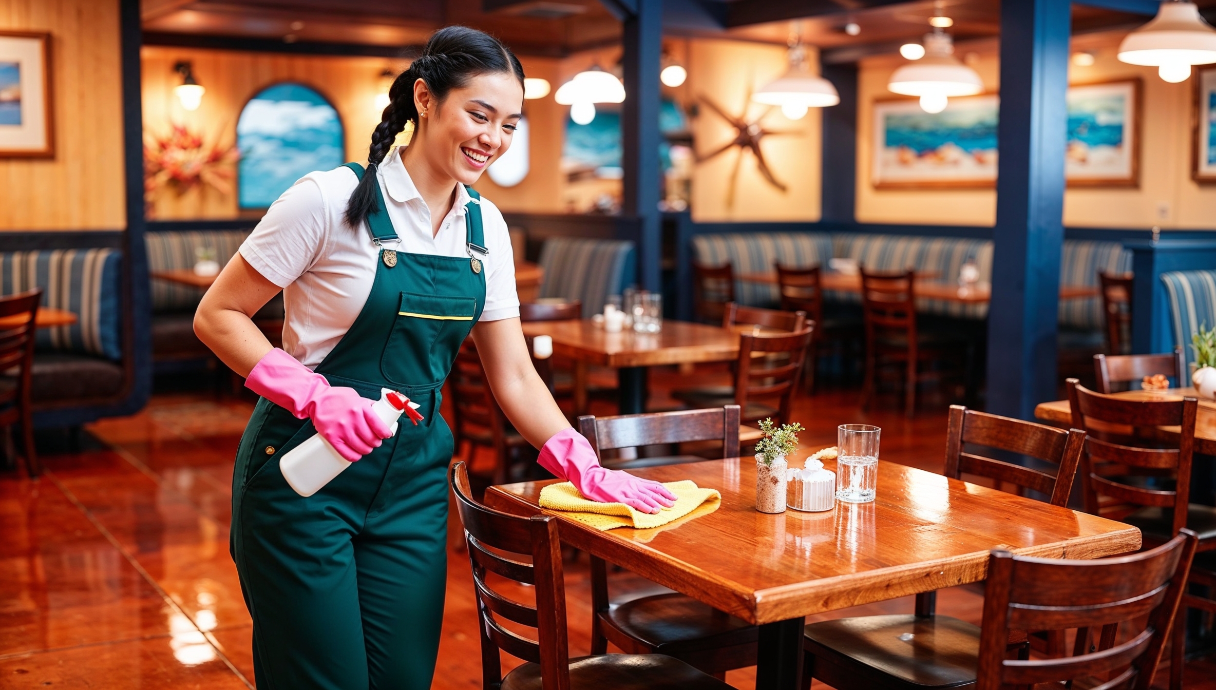 Janitorial Services Pleasant Grove. A cheerful cleaner in dark green overalls with a white shirt and pink cleaning gloves, smiling as she cleans the dining area of a bustling seafood restaurant. The space has nautical decor, wooden tables and chairs, and ocean-themed art on the walls. The cleaner uses a spray bottle and cloth to wipes down a table, ensuring a cleans environment for diners.  