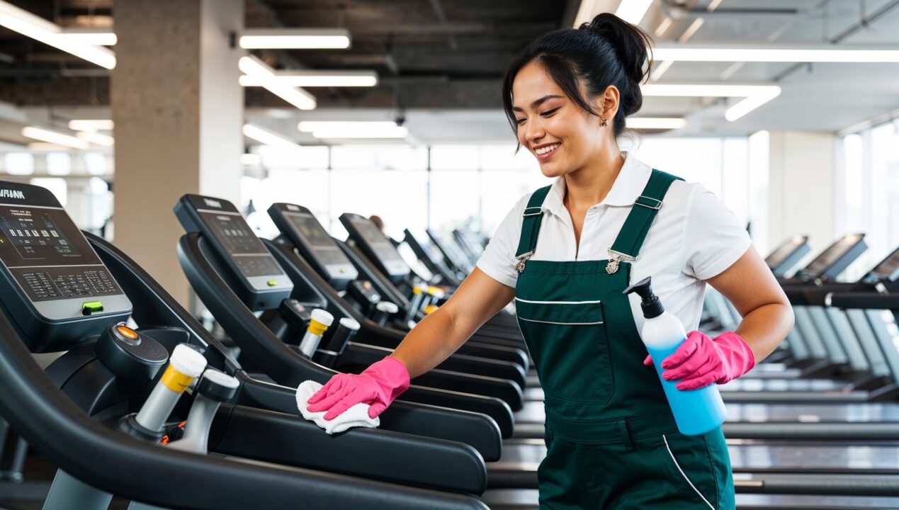 Janitorial Services Provo - A cheerful professional cleaner disinfects the bars of a treadmill in a freshly-cleaned gym.