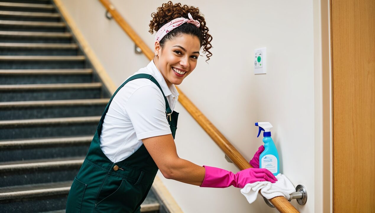 Janitorial Services Roy. A cheerful cleaner in dark green overalls with a white shirt and pink cleaning gloves, smiling as they diligently clean a wide, carpeted staircase in a public building. The staircase features a sturdy handrail and leads to multiple floors. The cleaner holds a spray bottle and cloth, carefully wiping down the handrail to ensure a hygienic path for everyone using the stairs. Natural light filters in from a nearby window, highlighting the spotless carpeted steps and clean, polished metal of the handrail.