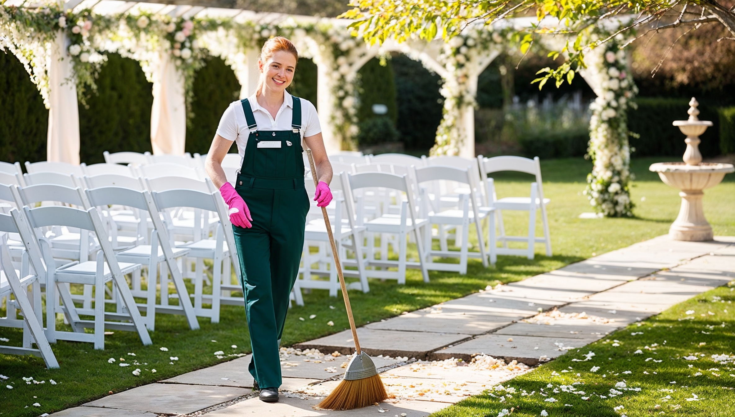 Janitorial Services Roy. A cheerful cleaner in dark green overalls, white shirt, and pink cleaning gloves, smiling as they tidy up a beautiful outdoor garden wedding area. The space features rows of white chairs, floral arches, and a small decorative fountain. The cleaner is using a broom to gently sweep petals and leaves off the stone path, preparing for guests. Sunlight filters through tree branches, casting a soft, romantic glow over the scene.