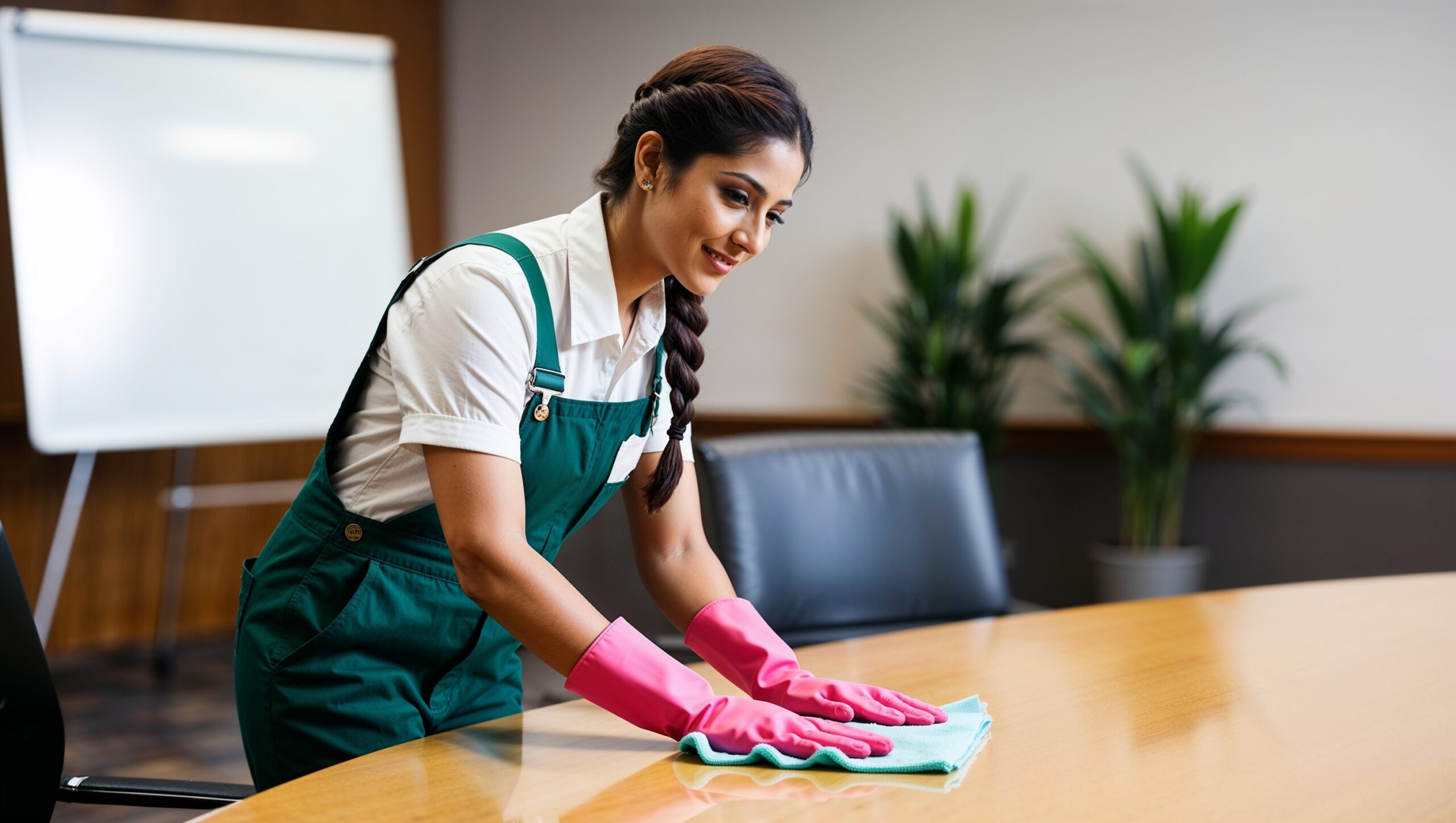 Janitorial Services Salt Lake City 1 - A female professional cleaner is wiping a conference table. A freshly cleaned whiteboard and chair are behind her.