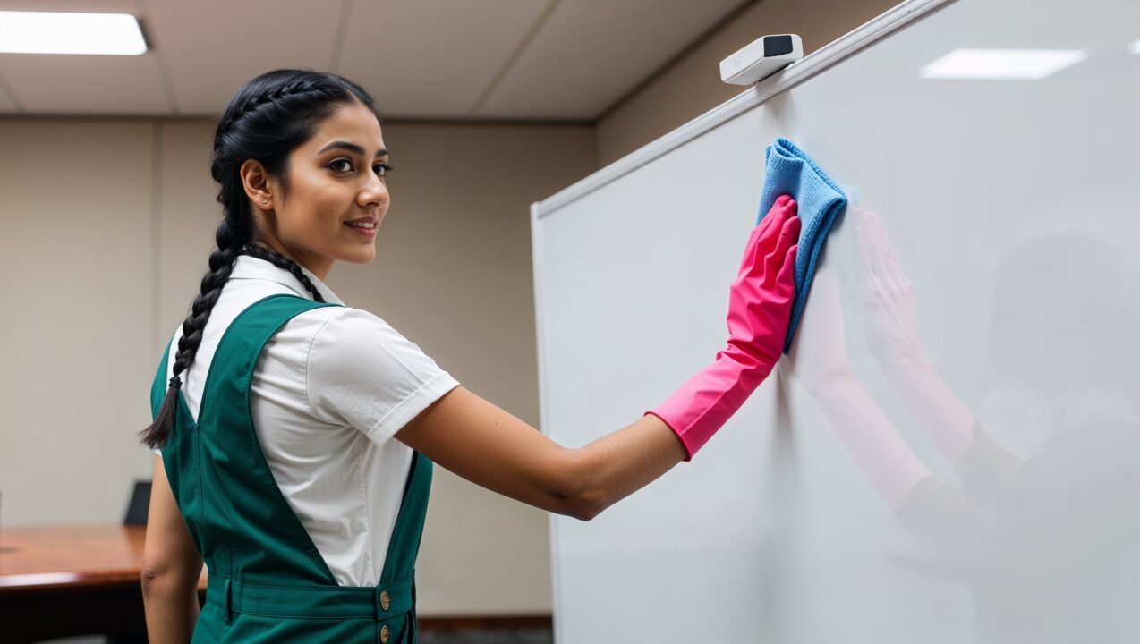 Janitorial Services Salt Lake City - A professional cleaner in green overalls is wiping a whiteboard in a conference room. The board and the environment around it is sparkling clean.