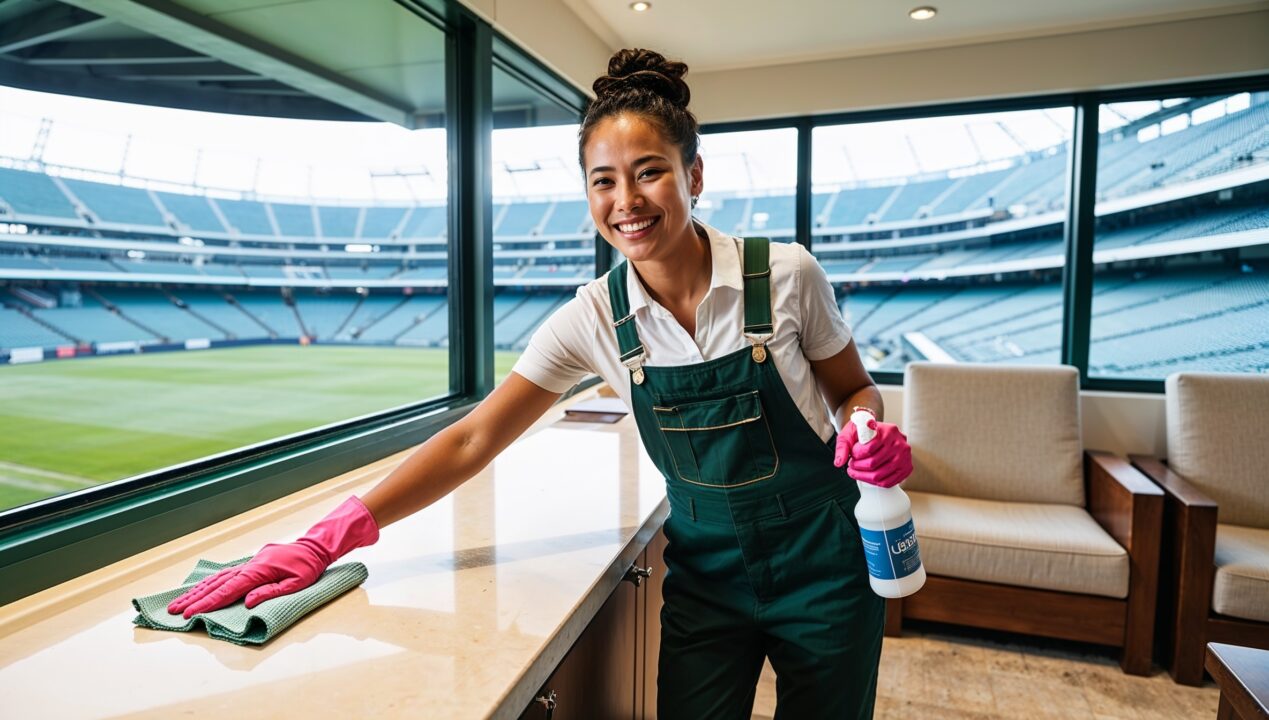 Janitorial Services Sandy. A professional cleaner in dark green overalls, a white shirt, and pink gloves, smiling as she sanitizes a VIP box at the stadium. The box includes plush seating and a large glass window overlooking the field. The cleaner uses a spray bottle and cloth to cleans a countertop, ensuring a pristine, luxurious experience for guests.