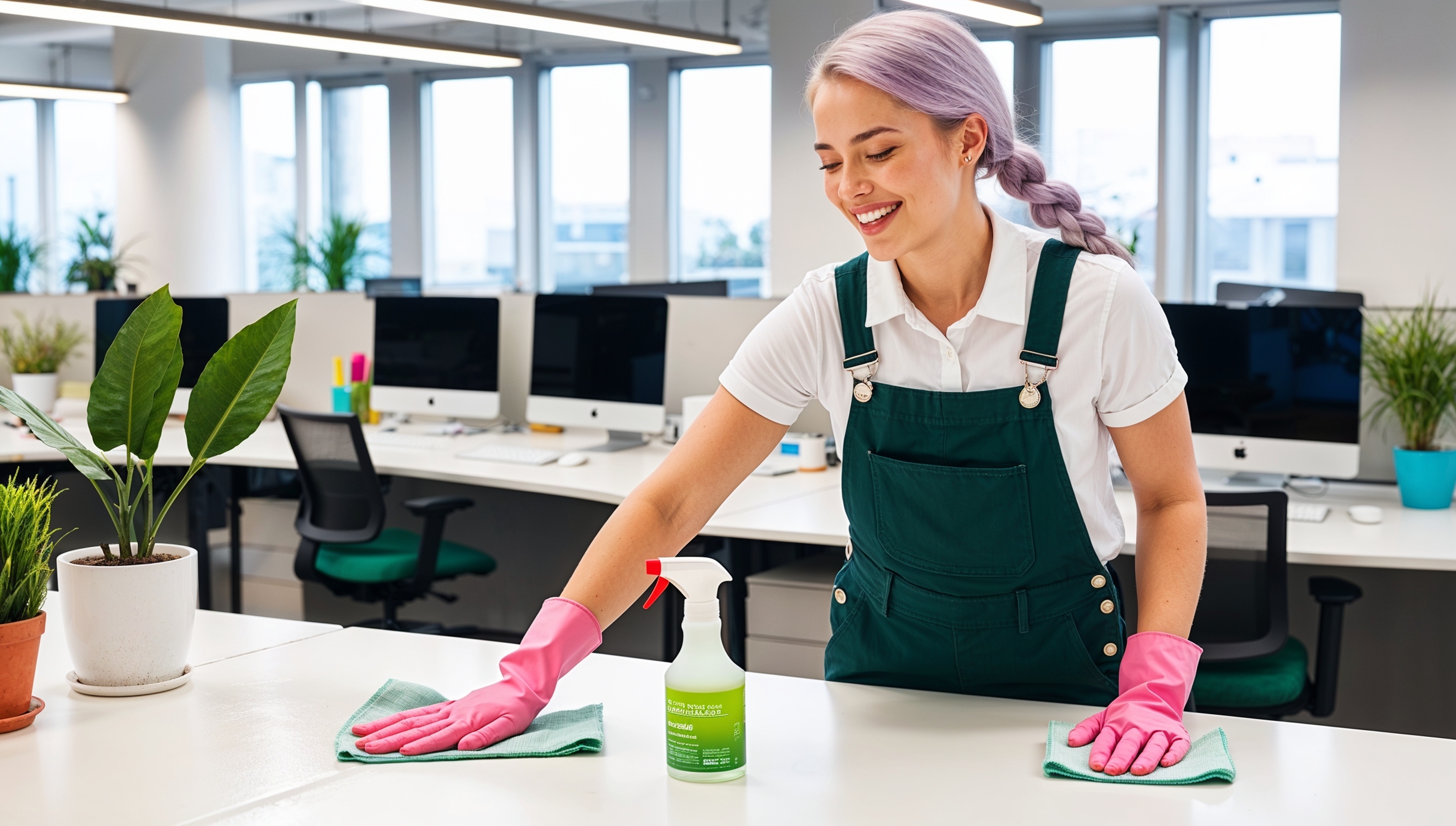 Janitorial Services Sandy. A professional cleaner in dark green overalls with a white shirt and pink cleaning gloves, smiling as she work in a large office cubicle area. Rows of desks with computers, office supplies, and paperwork are neatly arranged. The cleaner holds a spray bottle and cloth, carefully wiping down the top of a desk.  