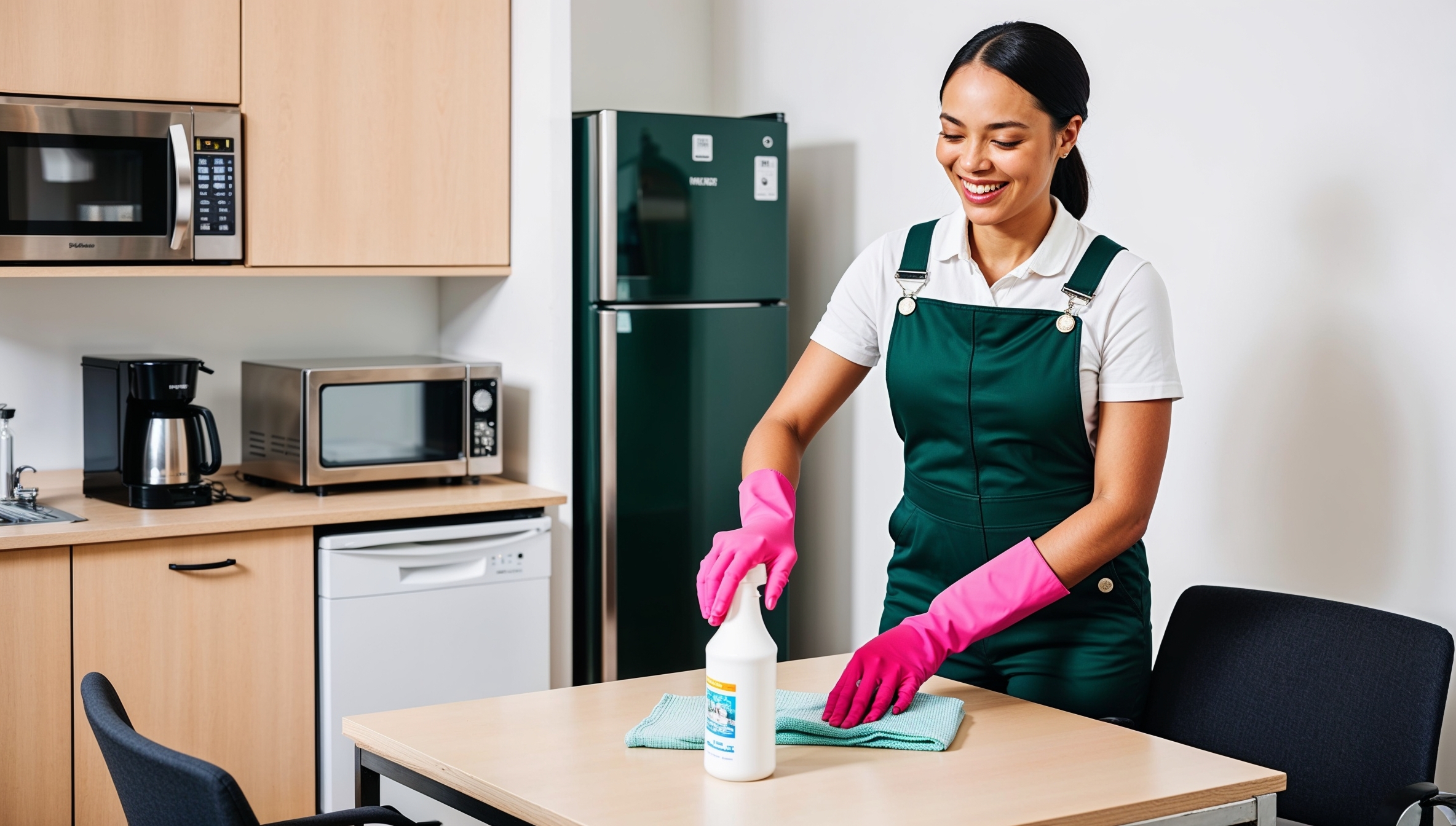 Janitorial Services Saratoga Springs - A cheery professional smiles down at her work. She is wearing a white shirt, green overalls, and pink gloves as she wipes and sanitizes a table in an office breakroom. The fridge, kitchen appliances, cabinets, and countertop behind her are freshly cleaned and spotless.