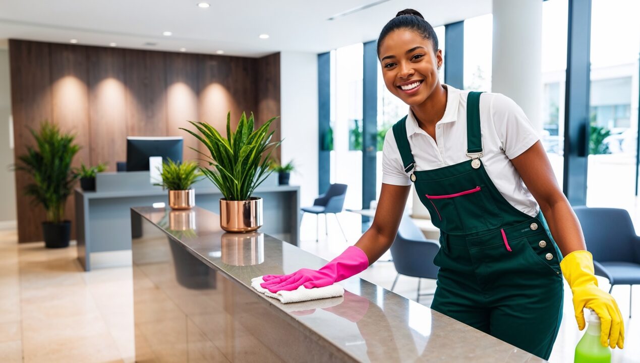 Janitorial Services Saratoga Springs - A grinning professional cleaner in a white shirt, green overalls, and pink gloves shows off her work as she wipes clean a counter in a venue lobby. The counter as well as the floor, walls, and window gleam having been freshly cleaned.