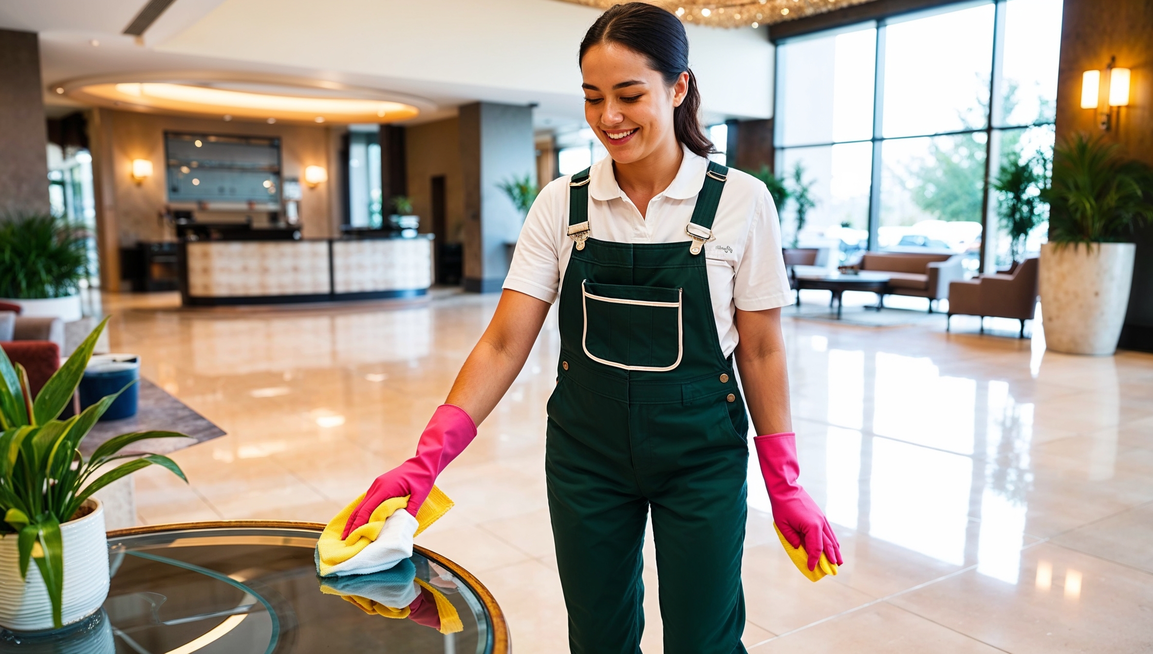 Janitorial Services South Jordan. A cheerful cleaner wearing dark green overalls with a white shirt and pink cleaning gloves, smiling as she sanitizes the spacious venue lobby. The area features a grand reception desk, decorative lighting, plush seating, and potted plants. The cleaner carefully wipes down a glass-topped table with a spray bottle and cloth, ensuring cleanliness and hygiene.  