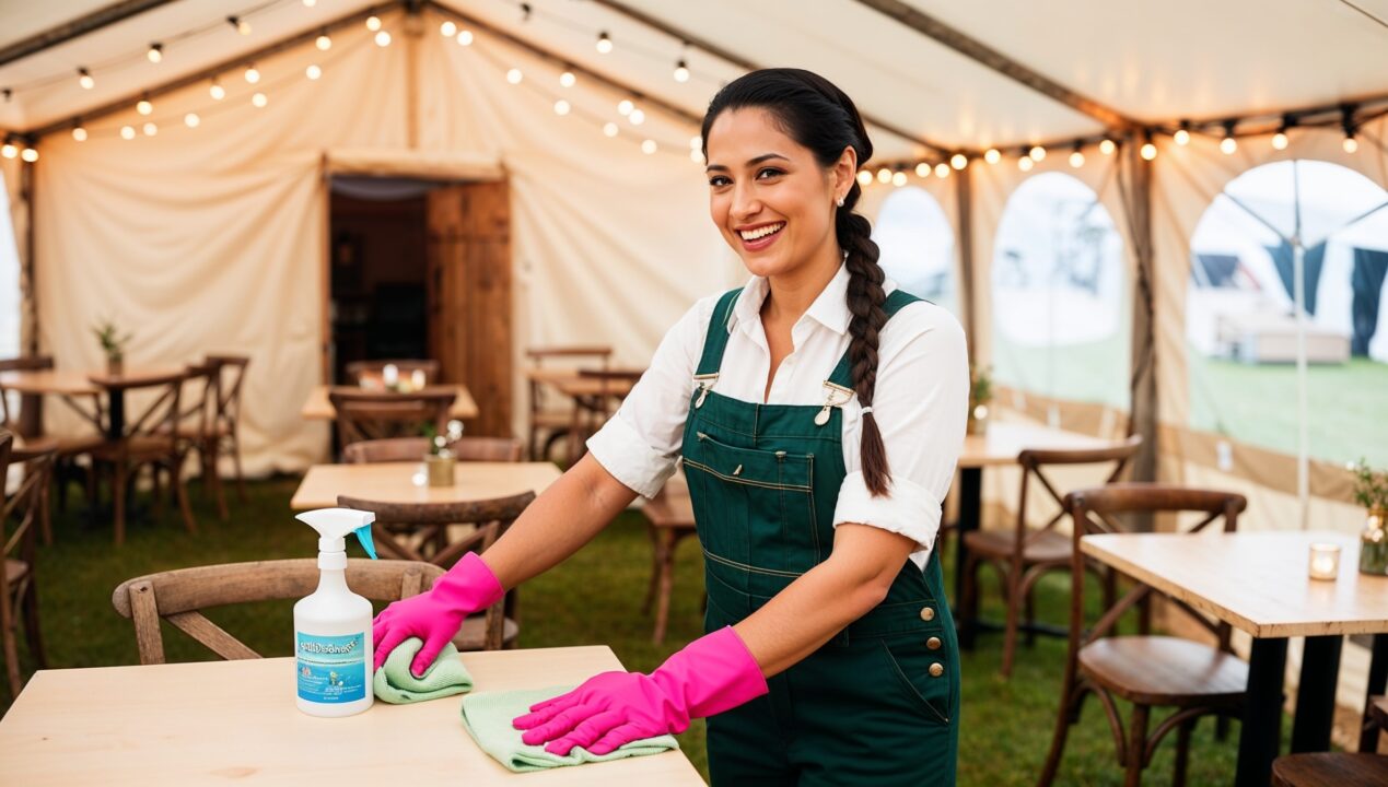 Janitorial Services South Jordan. A cheerful cleaner in dark green overalls with a white shirt and pink cleaning gloves, smiling as she cleans inside a cozy pop-up restaurant dining tent. The tent is filled with rustic wooden chairs, and string lights hanging from above. The cleaner carefully wipes down a table with a cloth and spray bottle, making sure each surface is fresh and ready for diners. The warm glow of the string lights creates an inviting, intimate atmosphere.