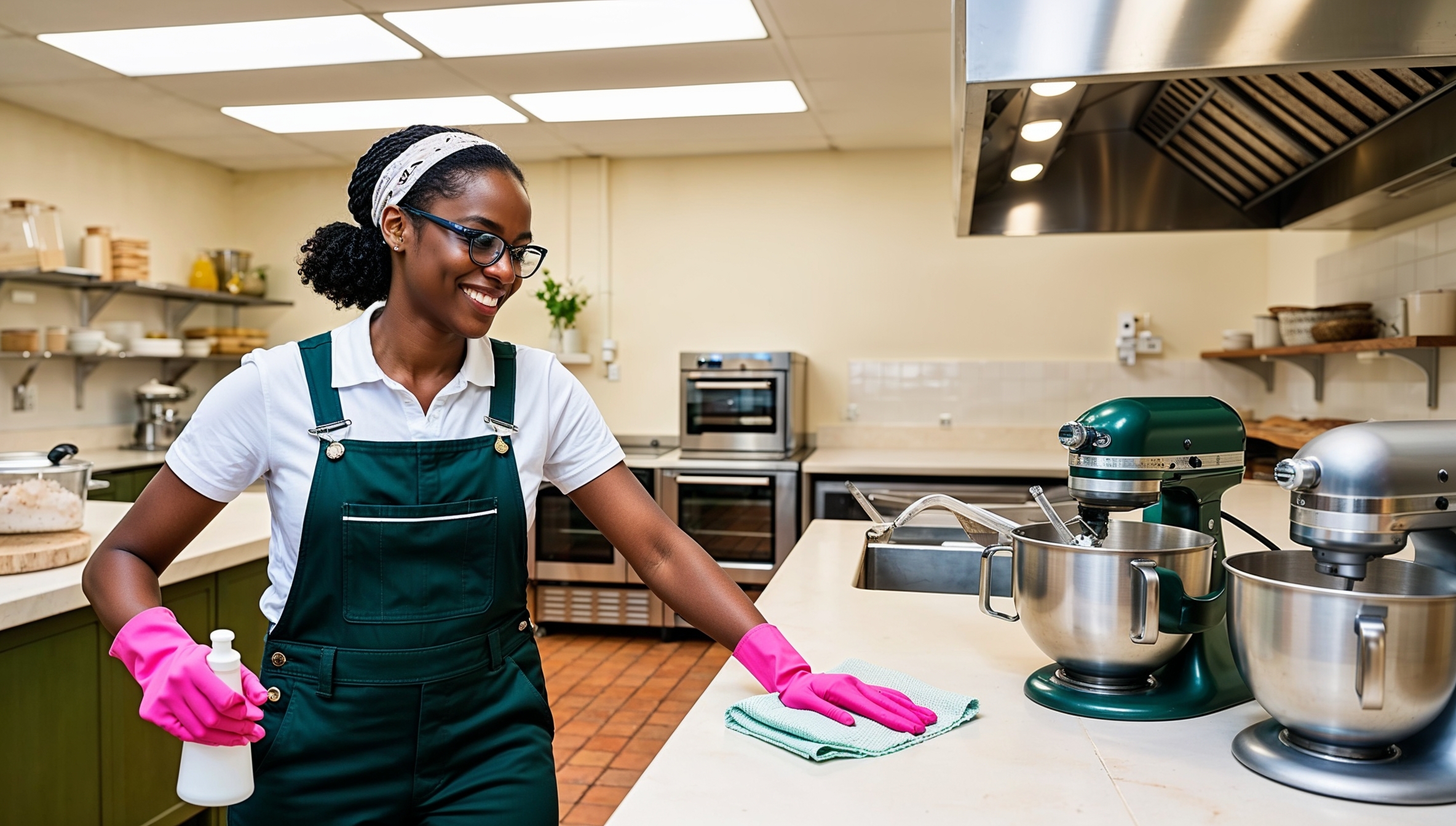 Janitorial Services Spanish Fork. A cheerful cleaner in dark green overalls with a white shirt and pink cleaning gloves, smiling as they clean the kitchen area of a bakery. The kitchen features large mixers, 
and ovens. The cleaner uses a cloth and disinfectant spray to wipe down a countertop, ensuring a hygienic environment. Overhead lights shine down, illuminating the well-organized space with baking ingredients and tools neatly stored on shelves.