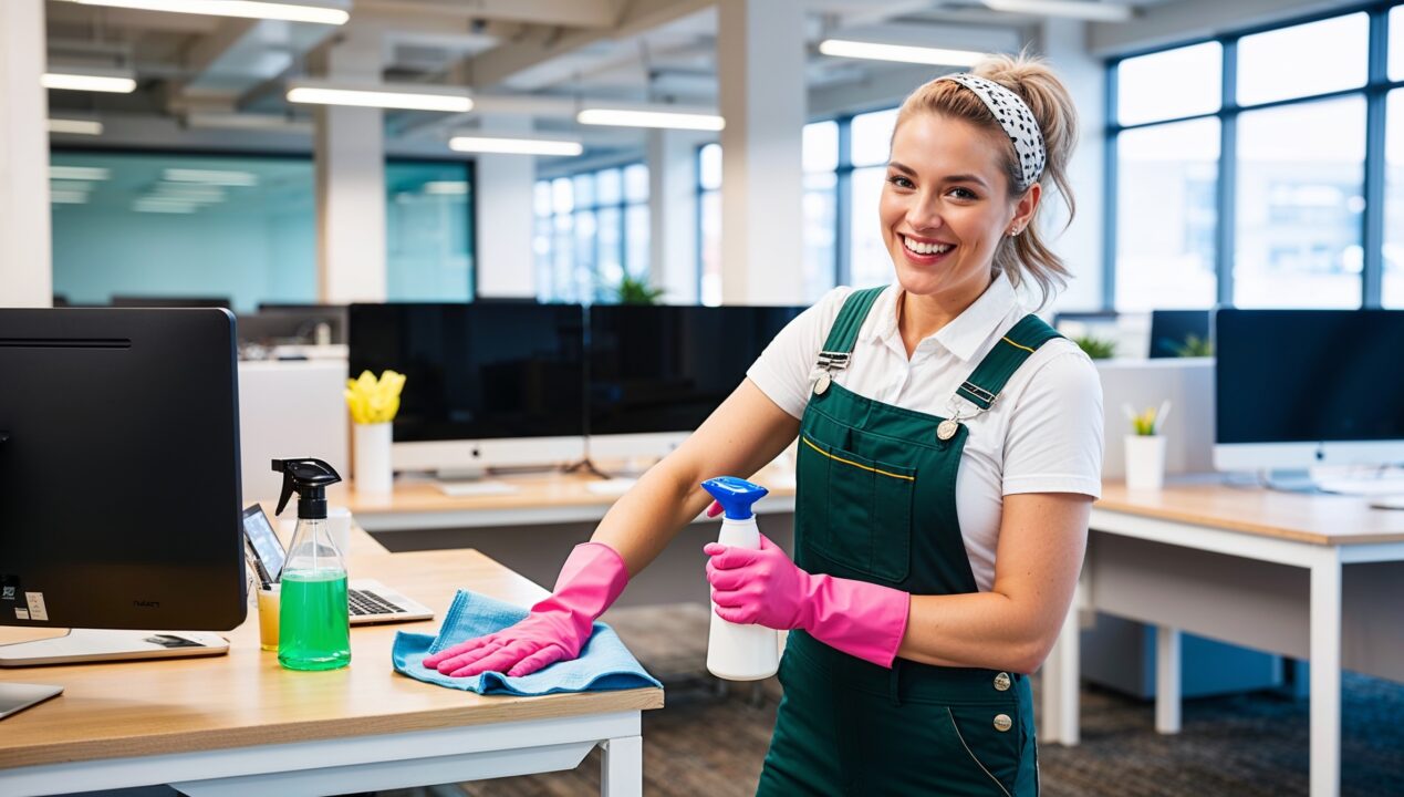 Janitorial Services Spanish Fork. A cheerful cleaner in dark green overalls with a white shirt and pink cleaning gloves, smiling as she cleans a shared workspace area in a multi-tenant office. The space features clusters of desks with computers, potted plants, and office supplies. The cleaner uses a spray bottle and cloth to wipe down one of the shared desks, ensuring cleanliness for the tenants. Large windows bring in plenty of daylight, emphasizing the open and collaborative feel of the clean, well-organized area.