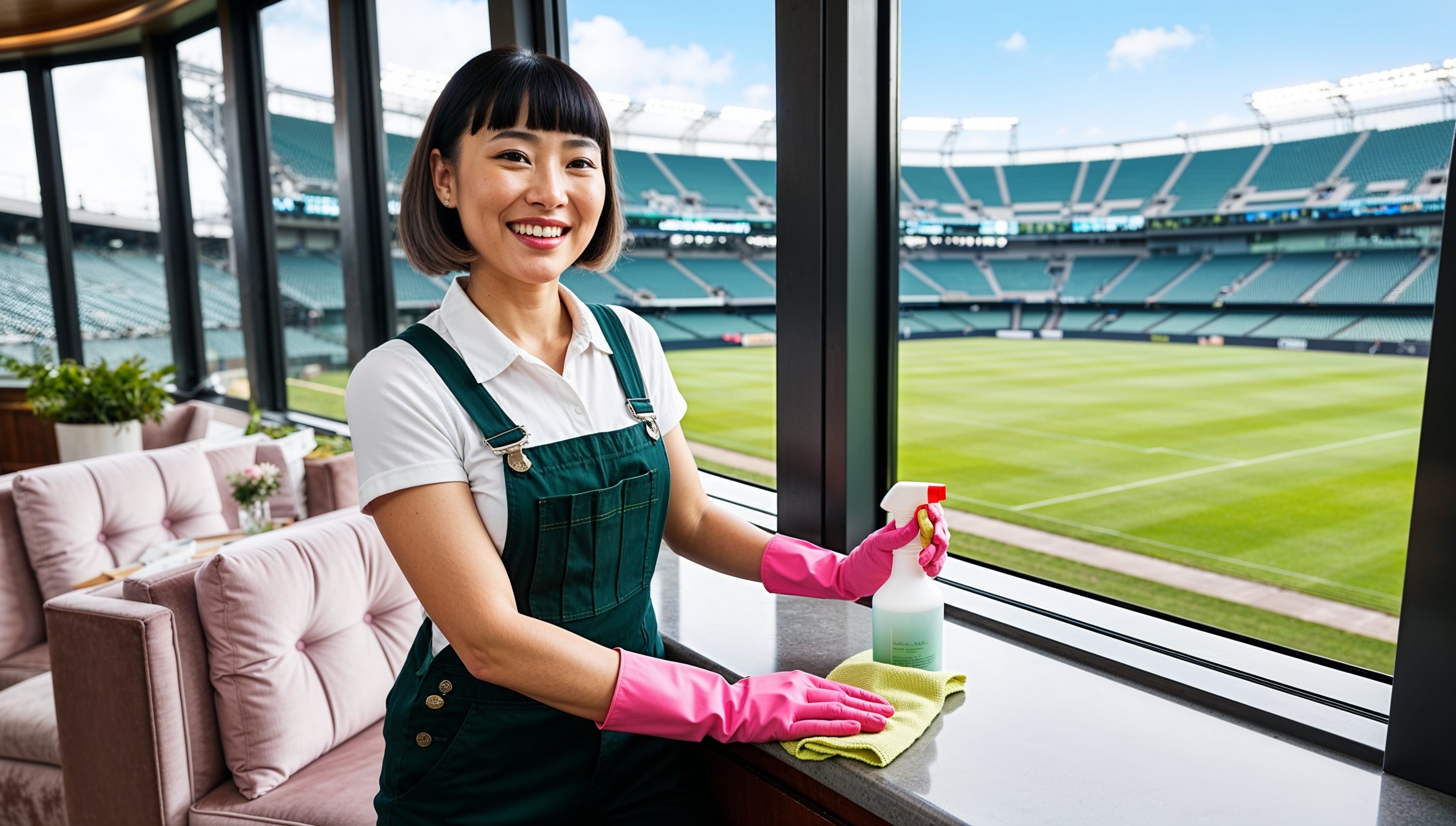 Janitorial Services Spanish Fork. A cheerful cleaner in dark green overalls, a white shirt, and pink gloves, smiling as she sanitizes a VIP box at the stadium. The box includes plush seating, a small kitchenette, and a large glass window overlooking the field. The cleaner uses a spray bottle and cloth to cleans a countertop, ensuring a pristine, luxurious experience for guests. The room is bathed in natural light from the stadium, highlighting the spotless surfaces and cozy seating. 