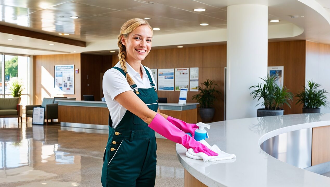 Janitorial Services Taylorsville - A cheerful professional cleaner clad in green overalls, a white shirt, and pink gloves smiles gently at the viewer as she wipes down a counter in a events venue lobby. The countertop, as well as the floor, gleams as a testament to her professionalism. The pillar, chairs, and windows behind her are just as spotless and the picture of cleanliness.