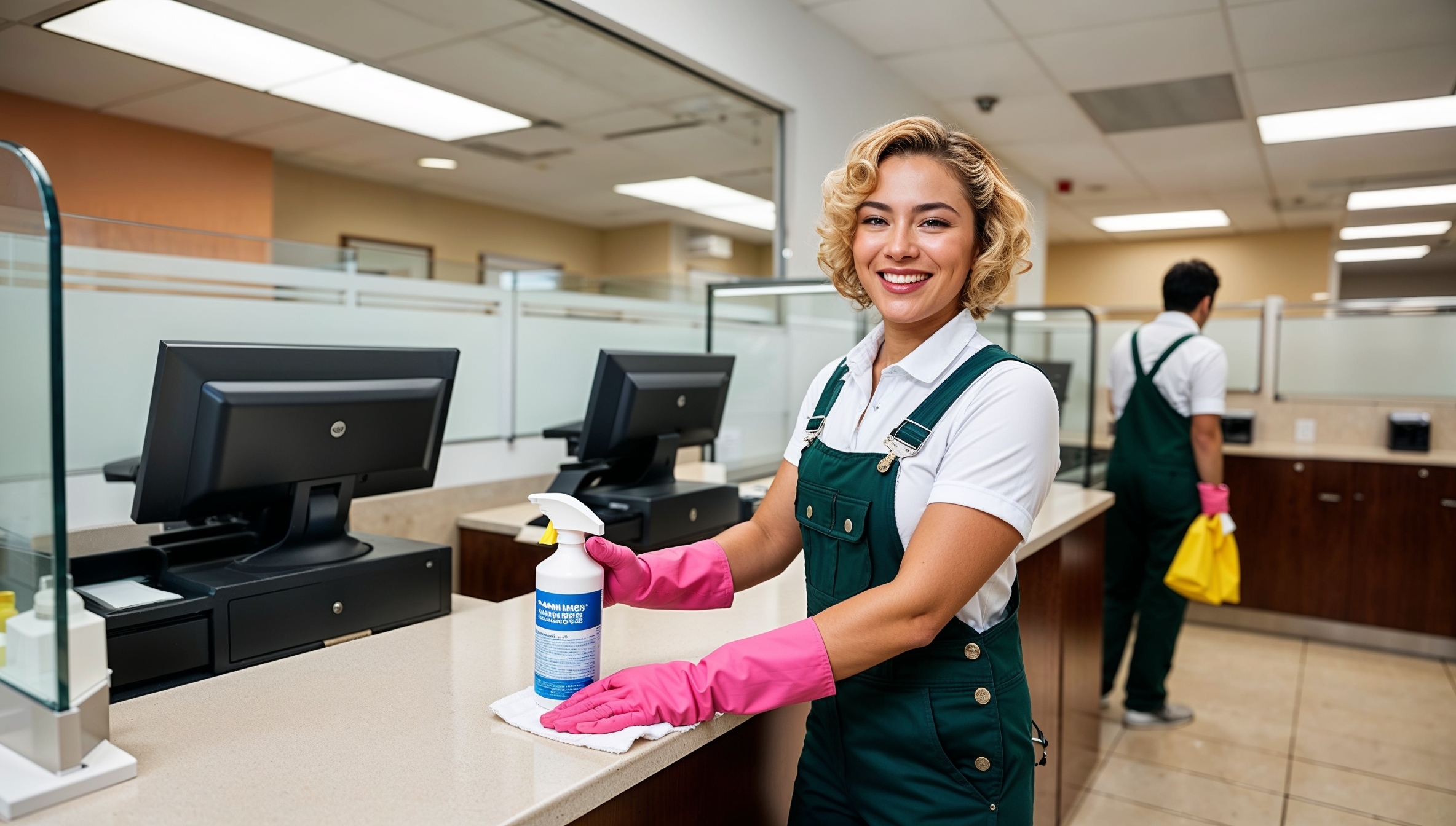 Janitorial Services Taylorsville - A grinning professional cleaner in green overalls, a white shirt, and pink gloves shows her work off to the viewer. She is wiping a tabletop in a bank and her work has resulted in squeaky clean counters, computers, and glass partitions for the tellers. Behind her is another cleaner hard at work cleaning another table.