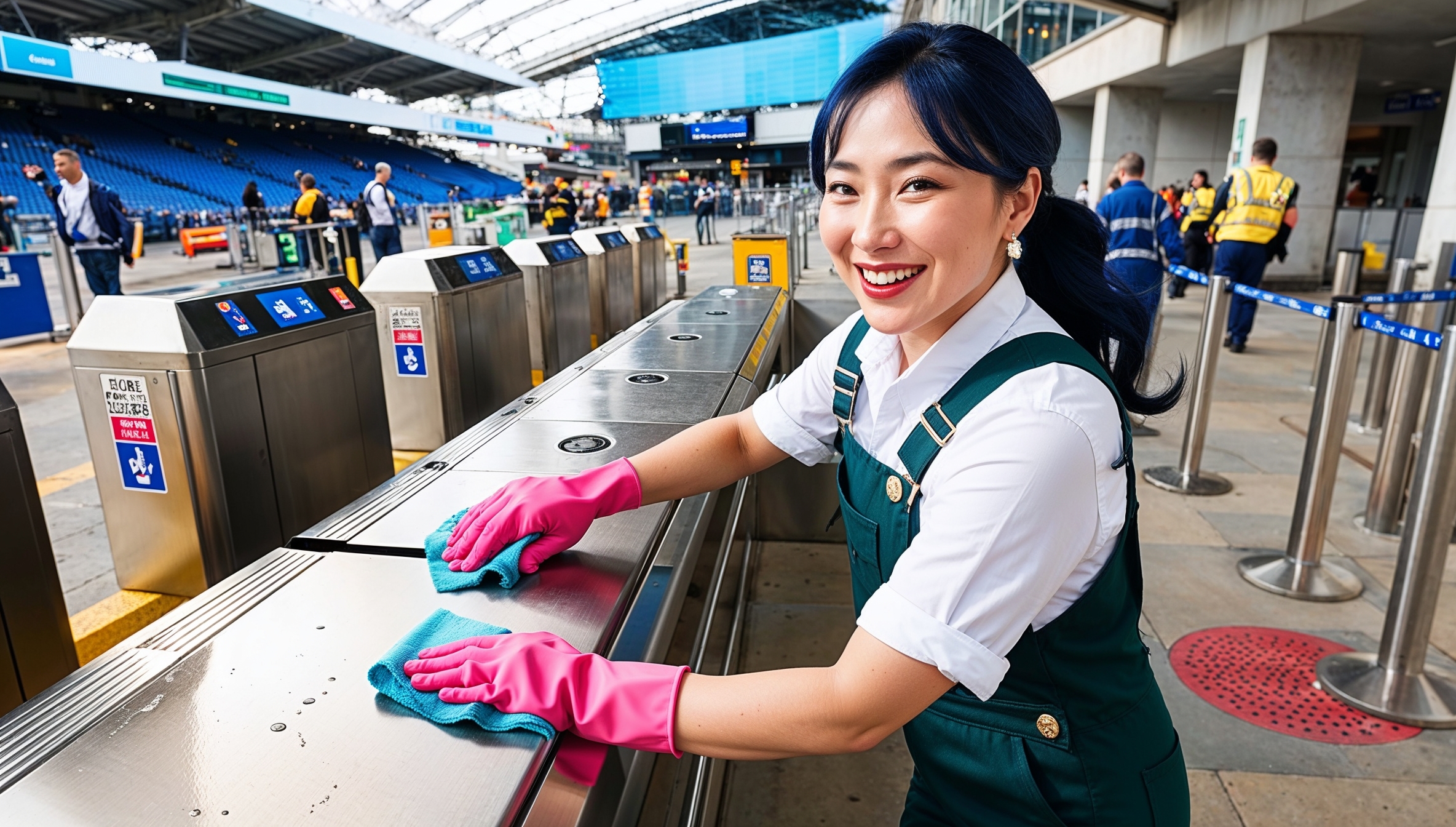 Janitorial Services Vineyard. A professional cleaner wearing dark green overalls, a white shirt, and pink cleaning gloves, smiling as she wipes down the turnstiles at the stadium entrance. The area features ticket booths, metal detectors, and a bustling atmosphere filled with the distant sound of excited fans. The cleaner carefully sprays and wipes down the turnstiles, ensuring they’re spotless.  