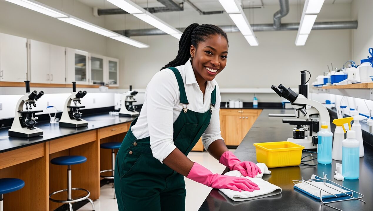 Janitorial Services Vineyard. A professional cleaner in dark green overalls with a white shirt and pink cleaning gloves, smiling as she sanitizes a university science lab. The lab is equipped with long tables, microscopes, beakers, and lab stools. The cleaner wipes down a counter with a disinfectant spray and cloth, ensuring a sterile workspace.