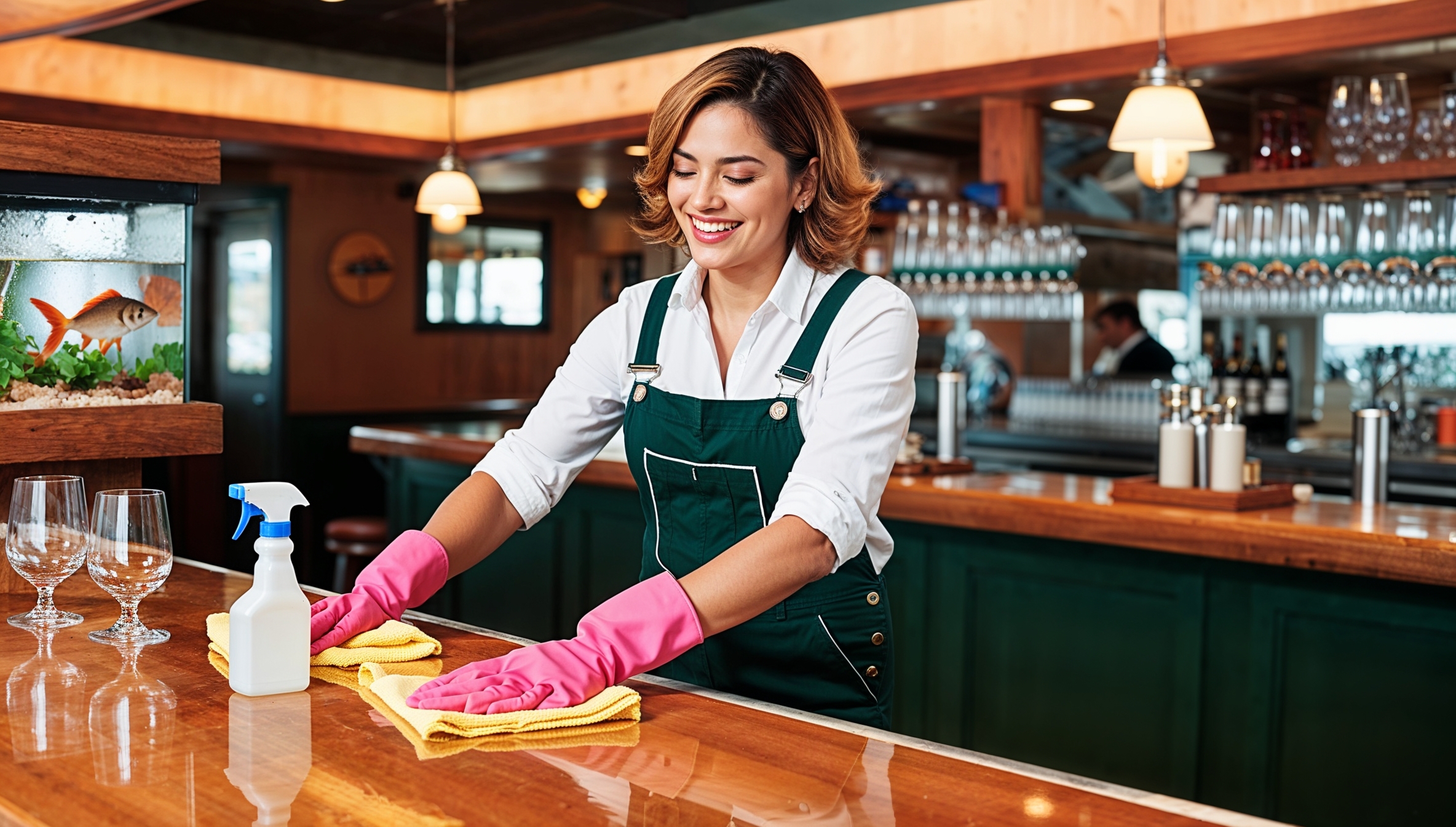 Janitorial Services Wellsville. A cheerful cleaner in dark green overalls with a white shirt and pink cleaning gloves, smiling as she tidies up the restaurant bar area. The bar includes shelves of liquor bottles, and a shiny counter. Holding a cloth and spray bottle, the cleaner polishes the counter, ensuring a spotless and inviting space.  