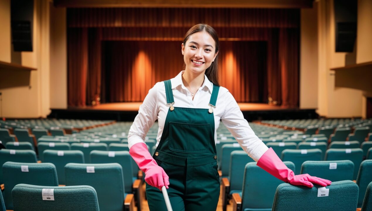 Janitorial Services Wellsville. A cheerful cleaner dressed in dark green overalls with a white shirt and pink cleaning gloves, smiling as she tidies up a large venue main hall. The hall includes rows of neatly arranged chairs, a stage with curtains, and sound equipment. The cleaner wipes down a chair armrest with a cloth and spray, emphasizing hygiene. Spotlights shine down, highlighting the gleaming floors and organized setup for the next event.