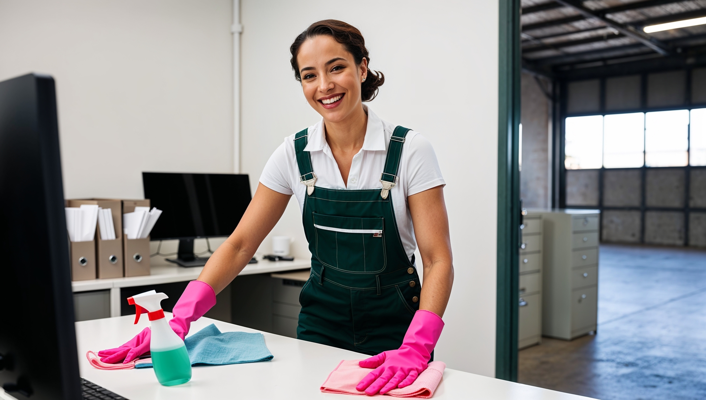 Janitorial Services Wellsville. A cheerful cleaner in dark green overalls with a white shirt and pink cleaning gloves, smiling as she sanitizes a small warehouse office. The office contains a desk with a computer and file cabinets. The cleaner uses a spray bottle and cloth to wipes down the desk, emphasizing cleanliness and hygiene.  