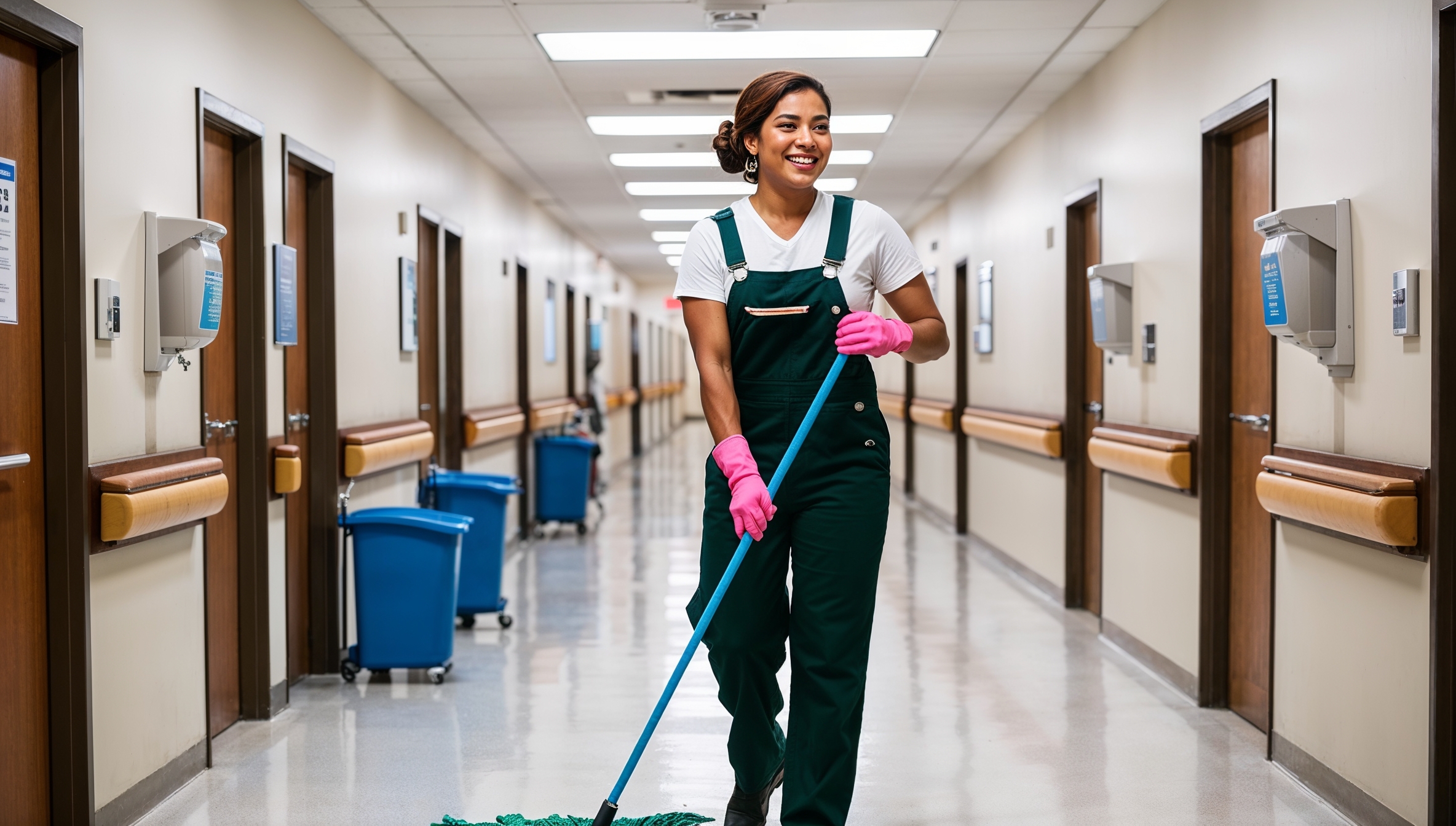 Janitorial Services West Haven - A cheerful professional cleaner clad in green overalls, a white shirt, and pink gloves smiles as she mops the floor in a hospital hallway. The floor, the doors, and the handrails are all spotless, having been freshly cleaned. The lights shine unburdened by grime or smudges.