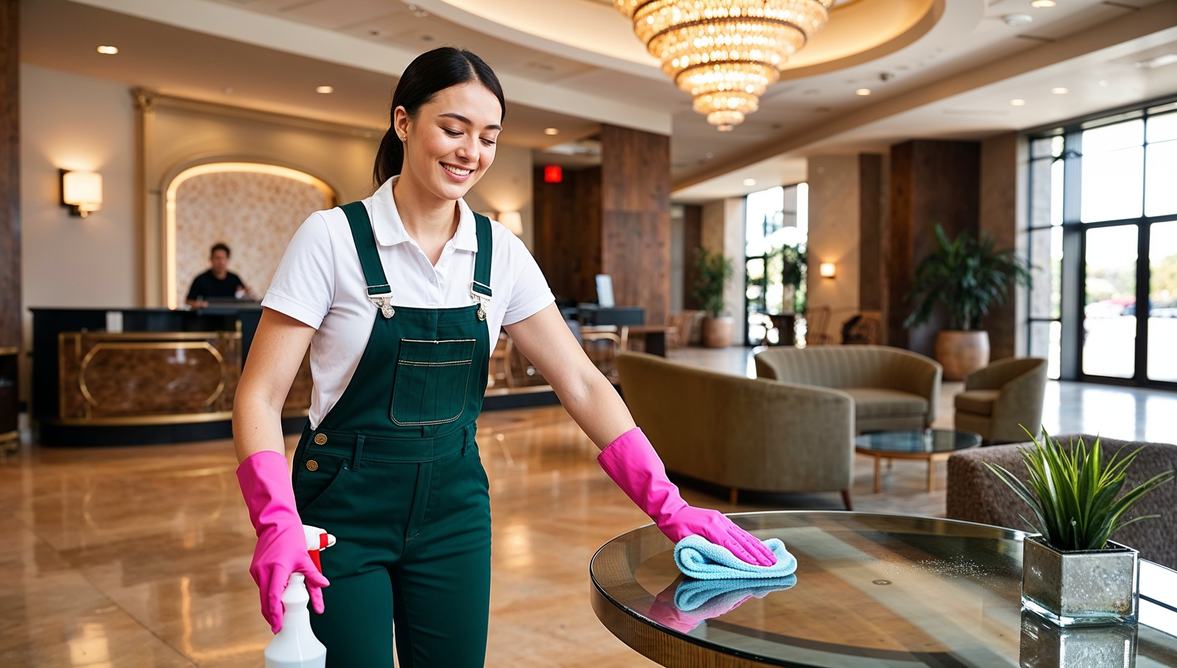 Janitorial Services West Haven - A cheerful professional cleaner clad in green overalls, a white shirt, and wearing pink gloves wipes a table in a venue lobby in order to disinfect it. The table, the floor, the walls, the chairs, and the lobby reception desk behind her all gleam and are spotless as a result of her hard work and professionalism.