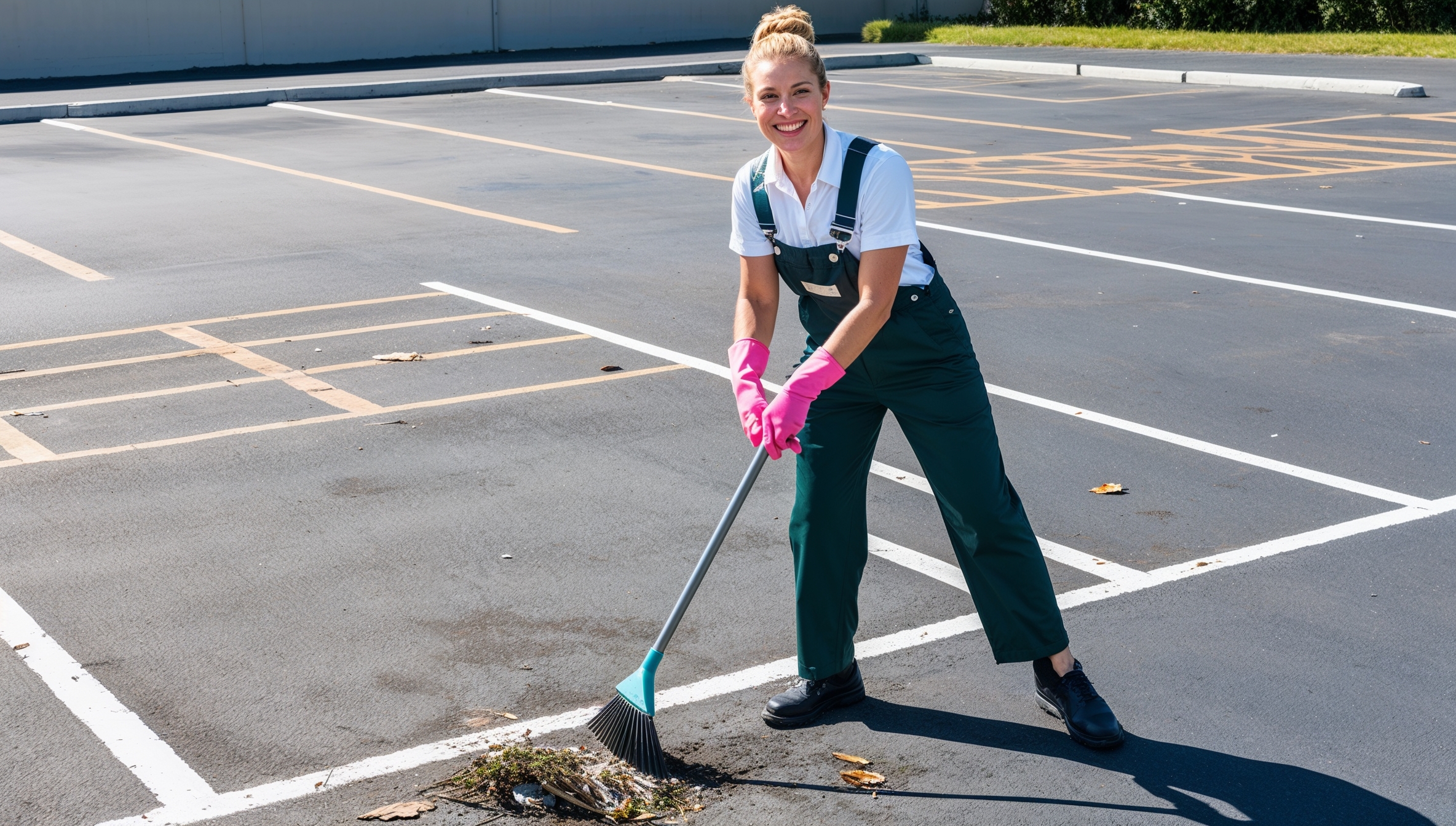 Janitorial Services West Jordan. A  professional cleaner wearing dark green overalls with a white shirt and pink cleaning gloves, smiling as she cleans a large, open parking lot.  The cleaner uses a broom, carefully sweeping litter 
 and leaves, and tidying the area to maintain cleanliness. Bright sunlight shines down, casting shadows on the smooth pavement, and emphasizing the freshly swept, well-maintained parking spaces.
