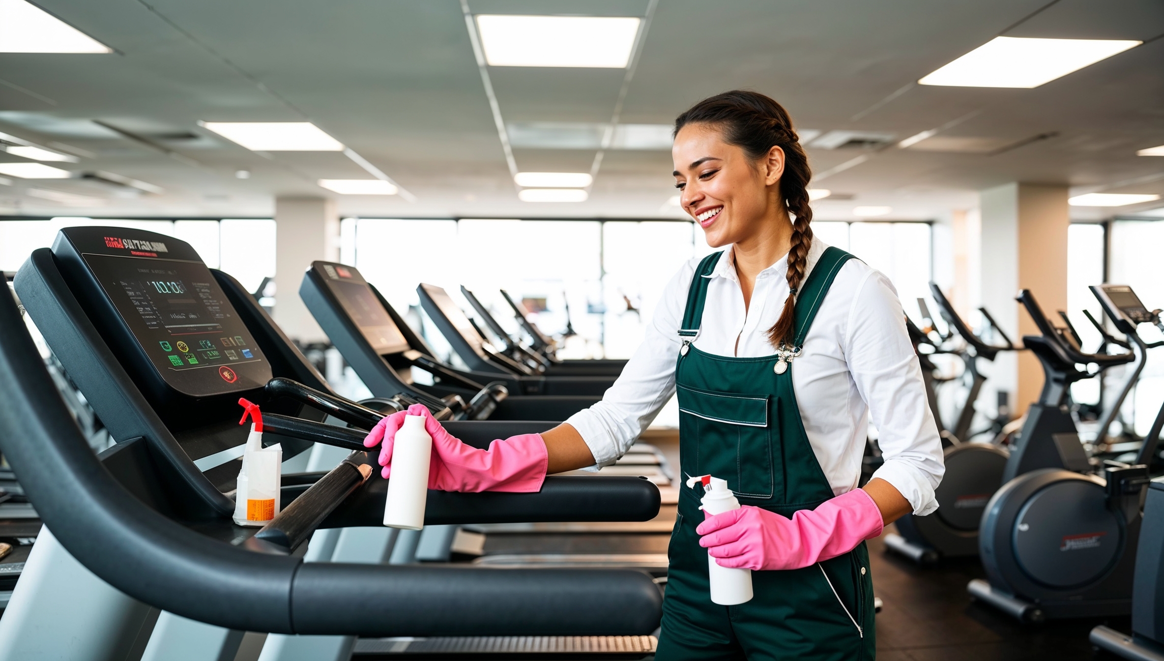 Janitorial Services West Jordan. A professional cleaner dressed in dark green overalls with a white shirt and pink cleaning gloves, smiling as she sanitizes the cardio area of a gym. The section features rows of treadmills, stationary bikes, and elliptical machines. The cleaner carefully wipes down the handlebars of a treadmill with a spray bottle and cloth, ensuring the equipment is cleans for the next user.  