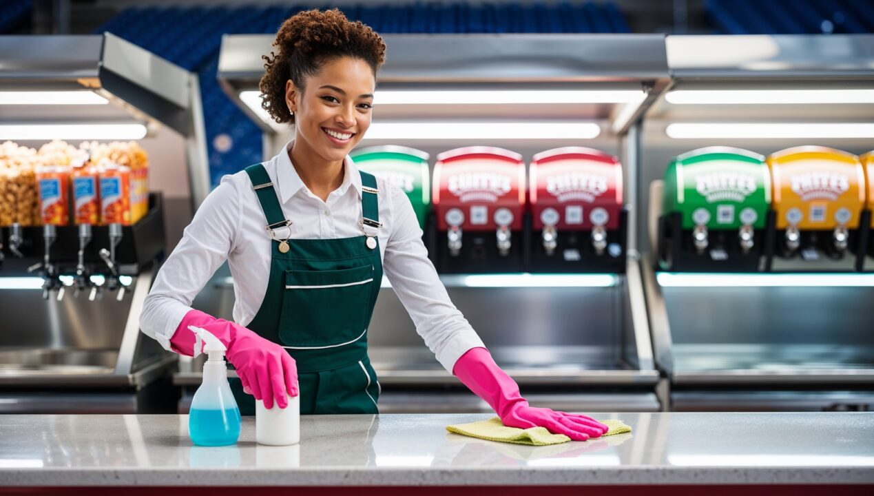 Janitorial Services West Valley. A professional cleaner wearing dark green overalls, a white shirt, and pink cleaning gloves, smiling as she tidies up the movie theater concession stand. The area is filled with popcorn machines, soda dispensers, and snack shelves. The cleaner wipes down the counter with a spray bottle and cloth, ensuring a cleans surface for serving customers.