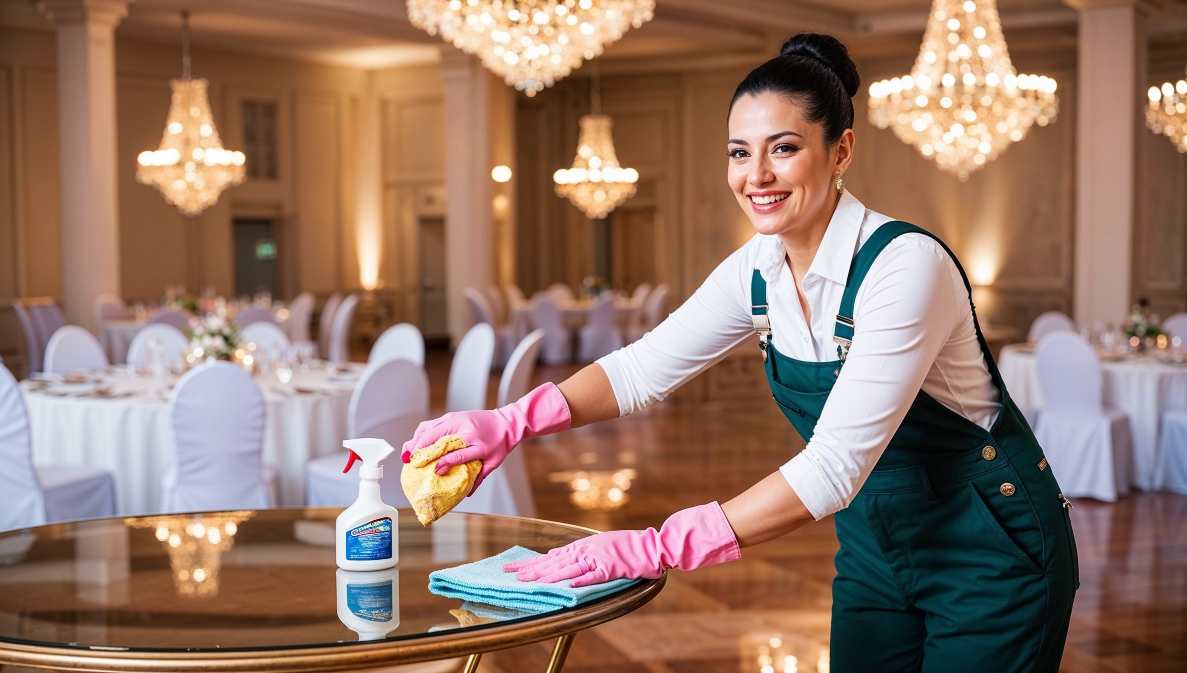 Janitorial Services West Valley. A professional cleaner in dark green overalls with a white shirt and pink cleaning gloves, smiling as she polish the sleek wooden floors of a wedding reception hall. The space has a dance floor, round tables with white tablecloths, and elegant decorations.  