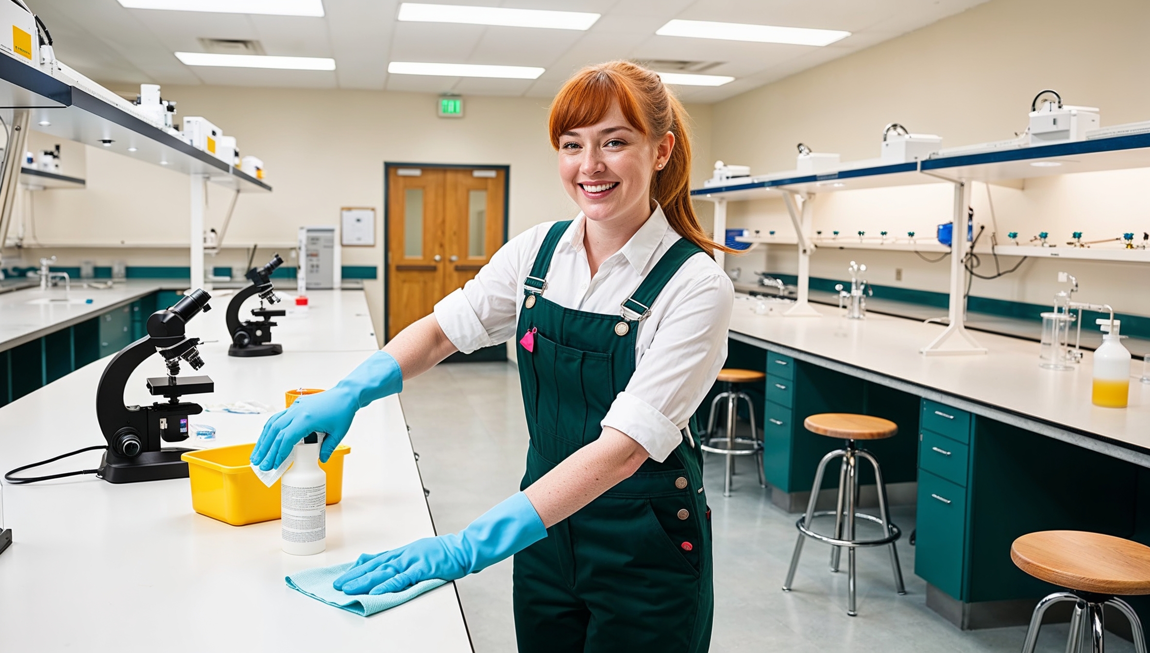 Janitorial Services Willard. A cheerful cleaner in dark green overalls with a white shirt and pink cleaning gloves, smiling as she sanitizes a university science lab. The lab is equipped with long tables, microscopes, beakers, and lab stools. The cleaner wipes down a counter with a disinfectant spray and cloth, ensuring a sterile workspace. Bright overhead lights illuminate the spotless lab equipment and meticulously organized tools.