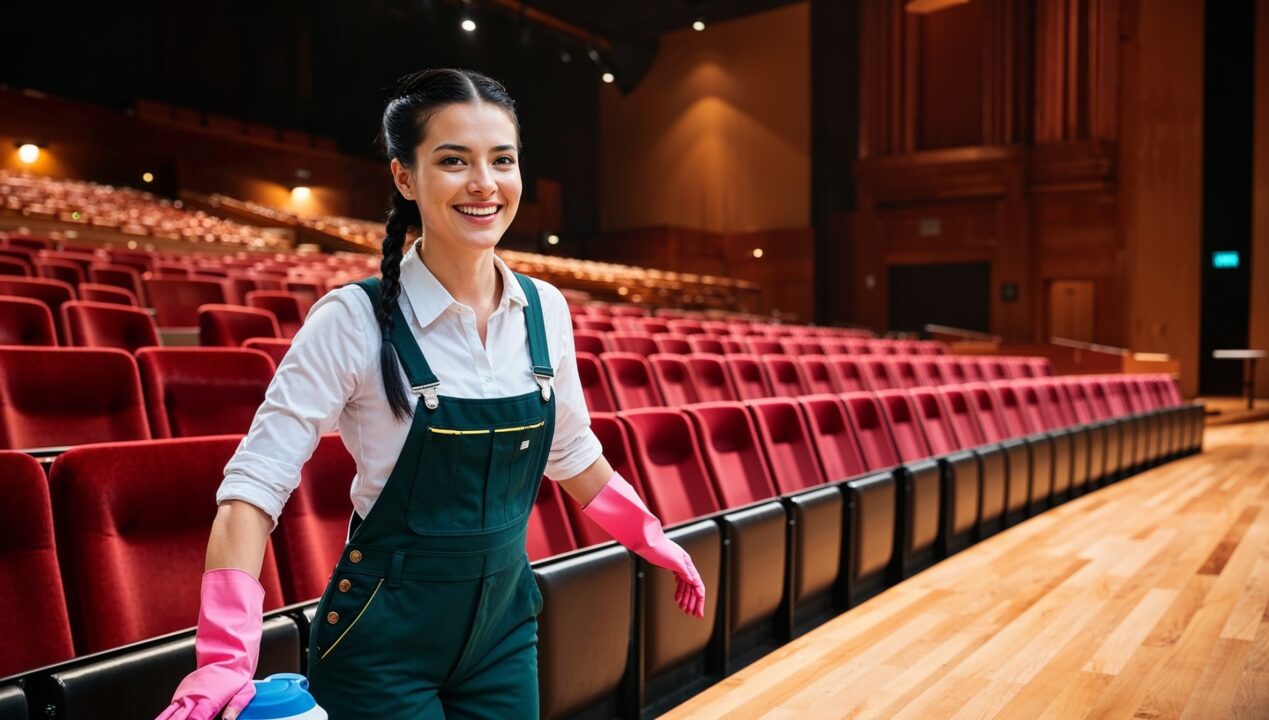 Janitorial Services Willard. A cheerful cleaner dressed in dark green overalls with a white shirt and pink cleaning gloves, smiling as she tidies up a large venue main hall. The hall includes rows of neatly arranged chairs. The cleaner smiles at the viewer as she shows off her work, emphasizing hygiene. Spotlights shine down, highlighting the gleaming floors and organized setup for the next event.