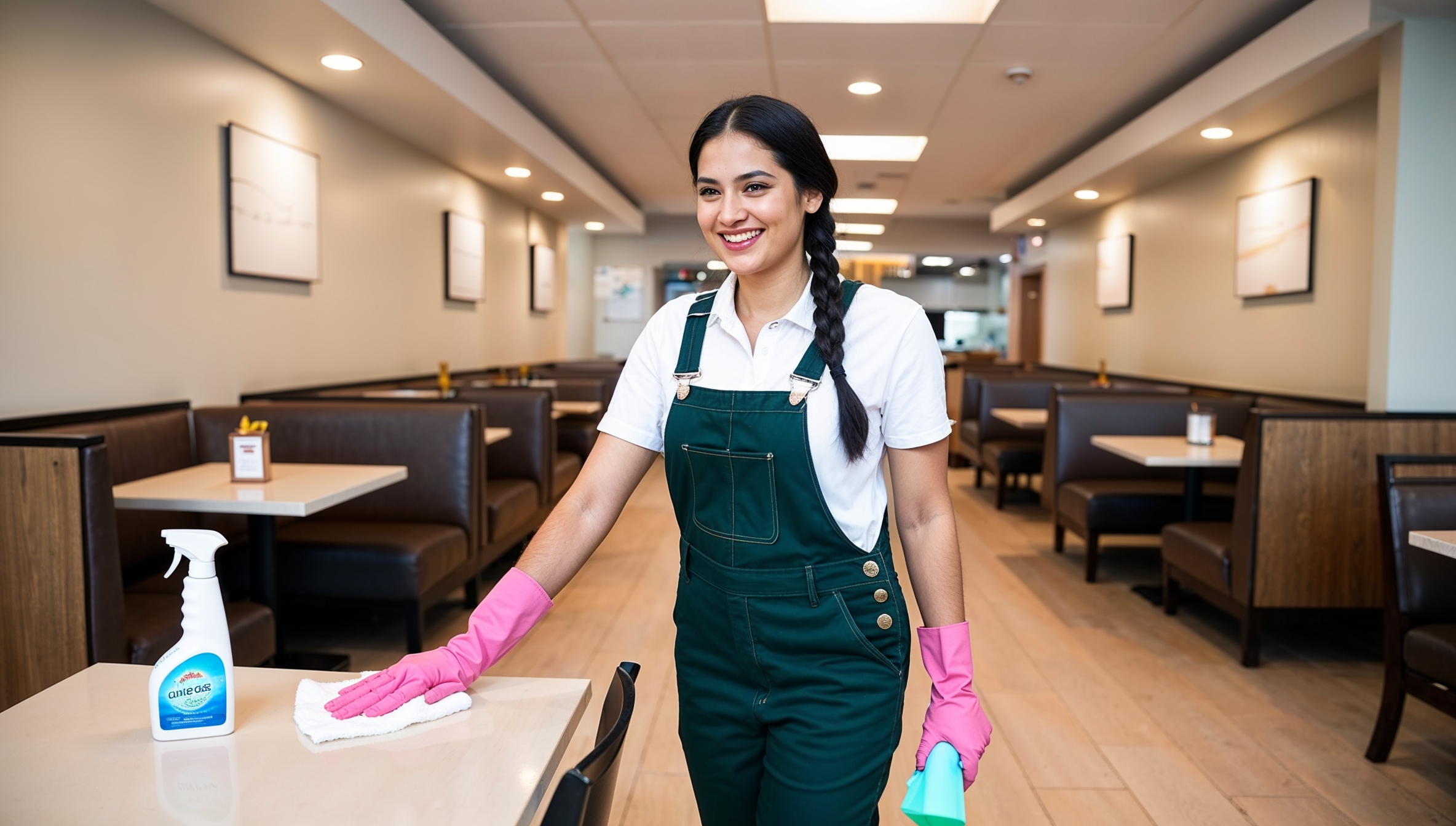 Janitorial Services Woods Cross - A cheerful professional cleaner in green overalls, pink gloves, and a white shirt is wiping clean a table in a strip mall restaurant. The table is spotless, as are the booth tables, chairs, and floor behind her.