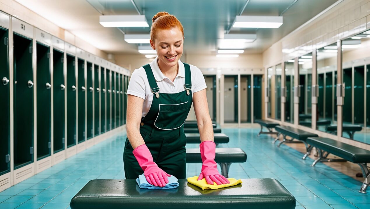 Janitorial Services Woods Cross - A smiling professional cleaner in green overalls, a white shirt, and pink gloves wipes down a bench in a gym ladies' locker room. The bench is spotless and sanitized, and the booths, lockers, and mirrors behind her shine as a testament to her professionalism and efficiency.