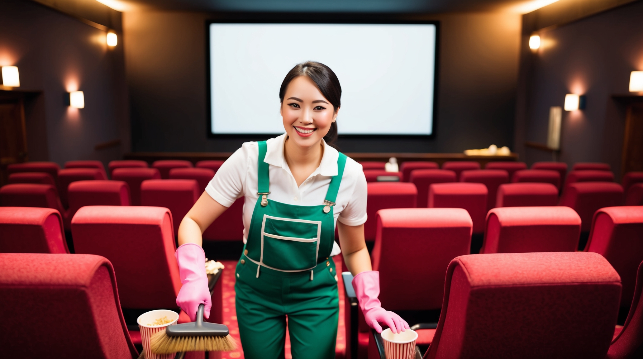 Movie Theater Cleaning Logan Utah. A cheerful cleaner in green overalls and pink gloves tidies up a theater by brushing popcorn from red seats. The dimly lit auditorium features rows of plush red chairs leading to a large screen in the background. The cleaner’s smile and attention to detail emphasize a dedication to maintaining a spotless, inviting environment for moviegoers.