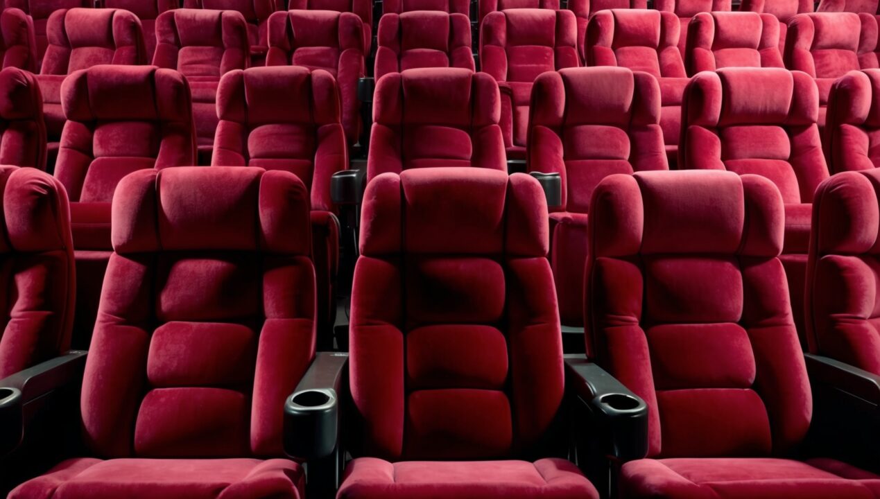 Movie Theater Cleaning Logan Utah. A perfectly aligned row of pristine movie theater seats, their plush cushions untouched by a single speck of dust. Each seat is a deep, velvety crimson, meticulously maintained to perfection.