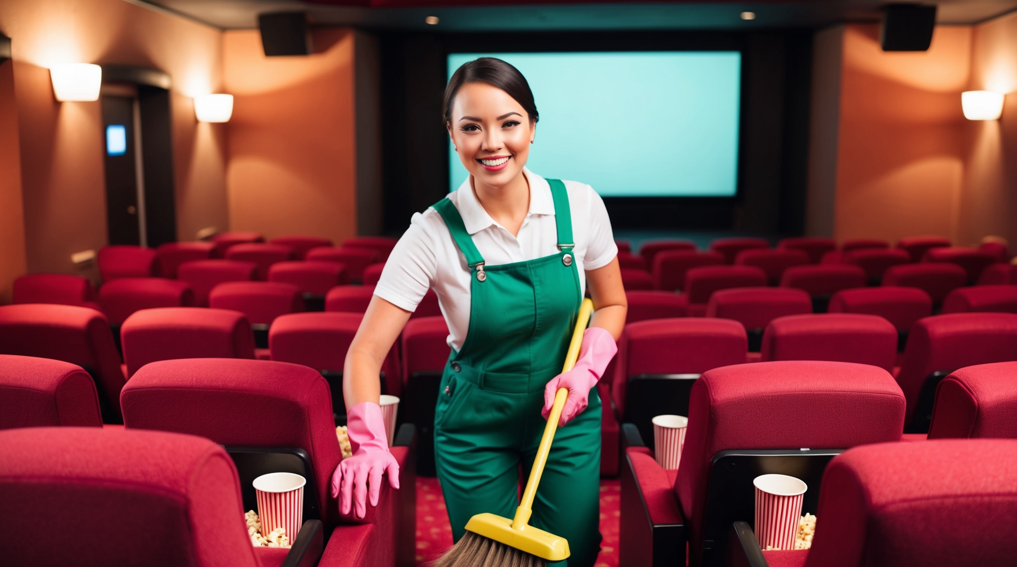 Movie Theater Cleaning Logan Utah. A dedicated cleaner in green overalls and pink gloves uses a yellow broom to sweep popcorn and debris from the red theater seats. The dimly lit auditorium, with rows of vibrant red chairs and scattered popcorn containers, highlights the importance of meticulous cleaning to ensure a clean and welcoming environment for moviegoers.