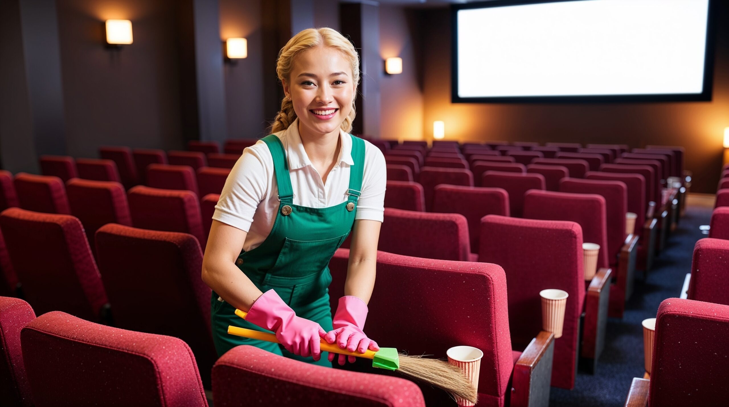 Movie Theater Cleaning Provo Utah - A cheerful cleaner in green overalls and pink gloves sweeps between rows of red theater seats, tidying up a movie theater after a screening. The setting features soft lighting, a large projector screen in the background, and cupholders with leftover popcorn cups, emphasizing the thorough cleanup process. The clean and organized environment ensures a pleasant experience for future moviegoers.