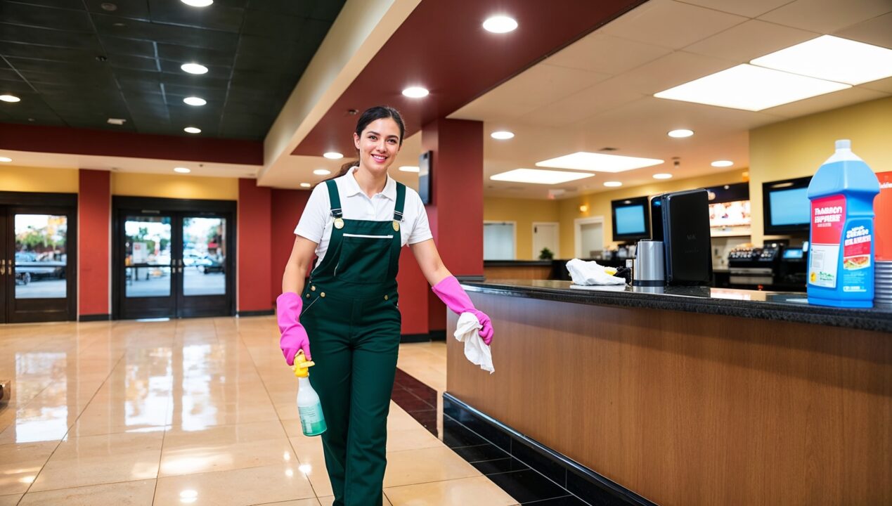 Movie Theater Cleaning Provo Utah - A cheerful cleaner in green overalls and pink gloves wipes a counter in a movie theater lobby. The setting features a concession counter with drink and snack dispensers. The clean and organized environment ensures a pleasant experience for future moviegoers.