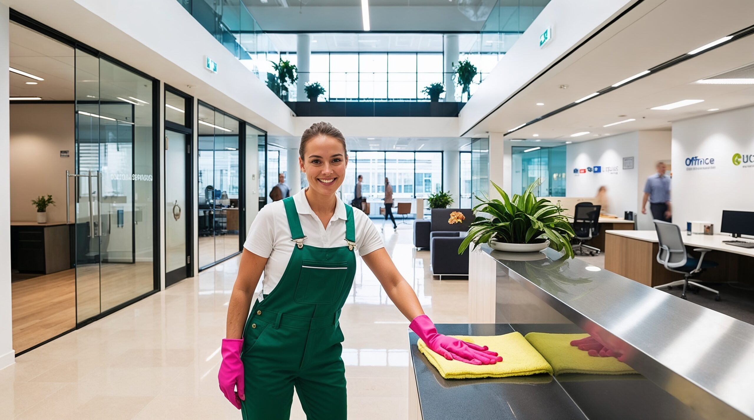 Office Cleaning Ogden Utah - A smiling female cleaner in a green uniform and pink gloves is wiping down a countertop in a modern and well-lit office space. The office features glass partitions, open work areas, and potted plants, creating a clean and professional environment. Employees can be seen working in the background, while the cleaner maintains a neat and organized appearance. The scene emphasizes the importance of cleanliness in creating a welcoming and productive workspace for employees and visitors.