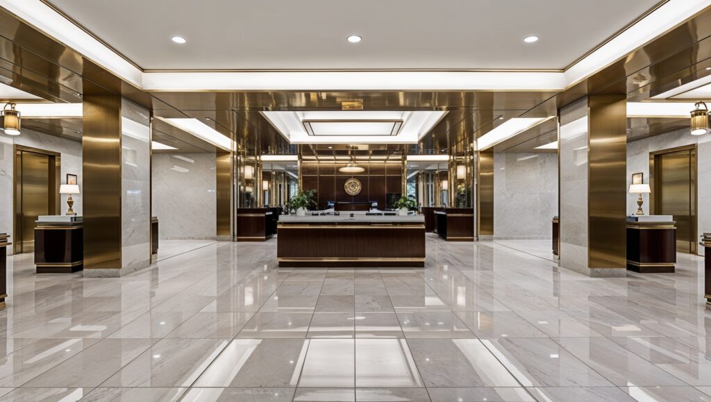 Bank Cleaning Ogden Utah - A meticulously clean bank lobby, with immaculate marble floors and polished brass accents that exude elegance and sophistication. The sleek and modern design of the furniture creates a sense of luxury, inviting viewers to envision themselves in a space of wealth and prestige.