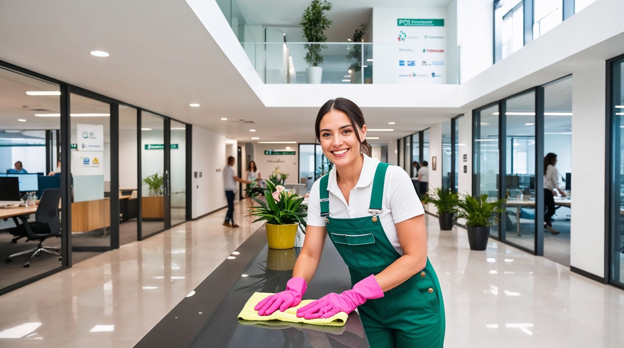 Office Cleaning Ogden Utah - A smiling female cleaner in a green uniform and pink gloves is wiping down a counter in a sleek and modern office space. The office features glass-walled rooms, open workstations, and potted plants that create a professional and inviting environment. Employees can be seen working and moving through the space in the background. The cleaner’s friendly demeanor and careful attention to maintaining cleanliness contribute to a well-organized and productive workplace.