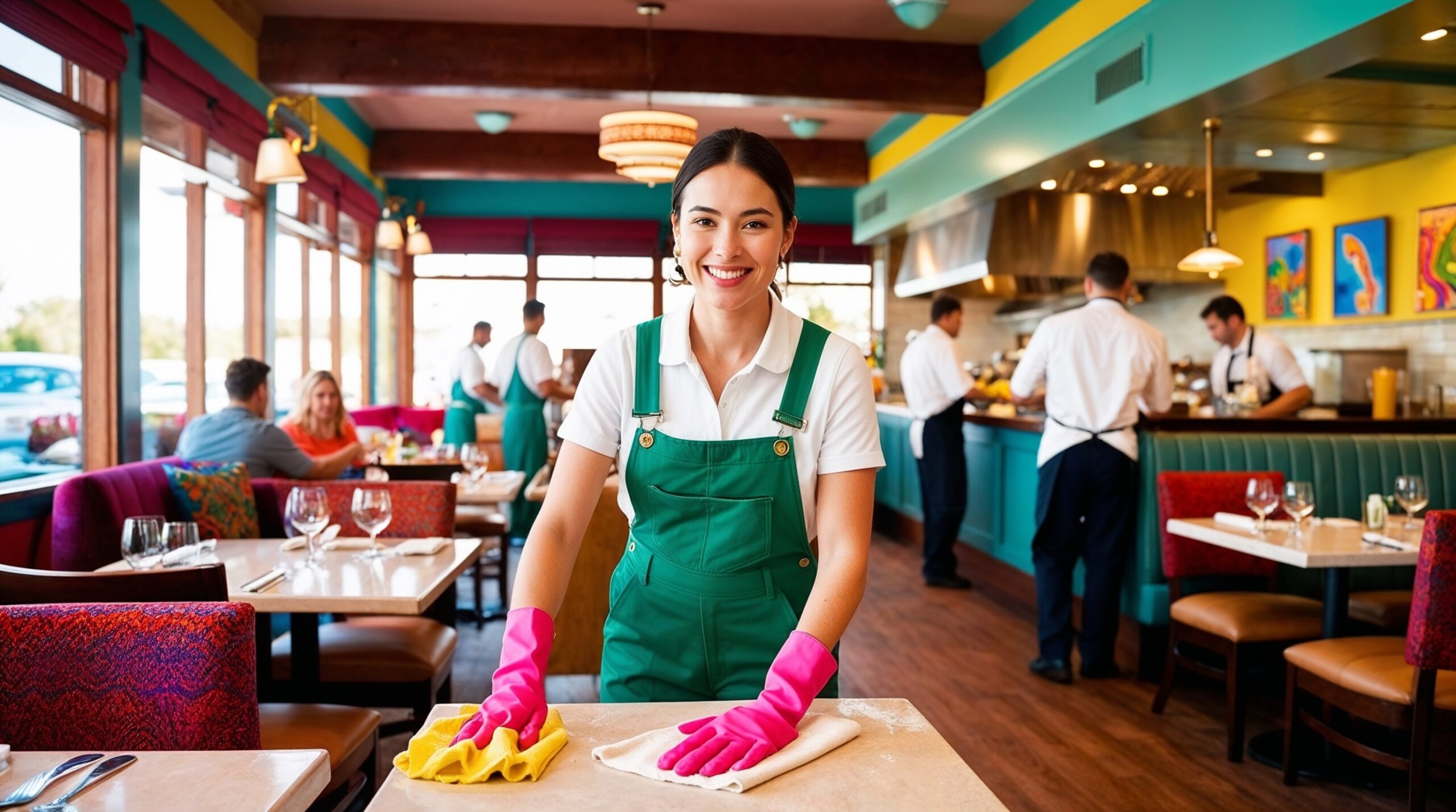 Restaurant Cleaning Ogden Utah - A smiling female cleaner in a green uniform and pink gloves is wiping down a table in a vibrant and inviting restaurant. The restaurant is lively, with customers dining and staff preparing food in the open kitchen in the background. The decor features colorful seating, warm lighting, and artistic wall accents, creating a welcoming atmosphere. The cleaner’s friendly demeanor and attention to detail emphasize the restaurant’s commitment to cleanliness and customer satisfaction.