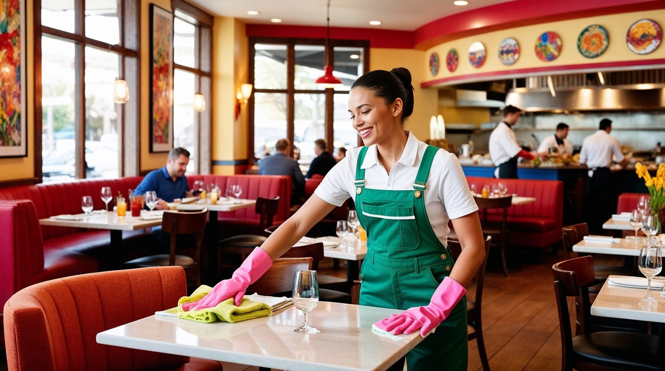 Restaurant Cleaning Ogden Utah - A smiling female cleaner in a green uniform and pink gloves is wiping down a table in a cozy and vibrant restaurant. The restaurant features red booth seating, colorful artwork on the walls, and an open kitchen in the background where chefs are busy preparing meals. The atmosphere is warm and inviting, with customers enjoying their meals and drinks. The cleaner’s attention to detail and friendly demeanor contribute to the restaurant’s commitment to providing a clean and enjoyable dining experience.