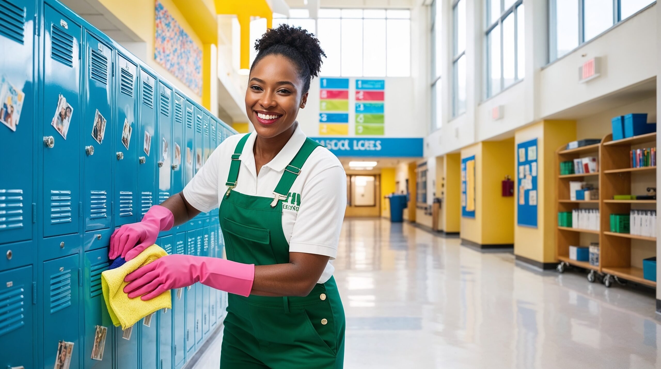 School and Campus Cleaning Ogden Utah - A friendly female cleaner wearing a green uniform and pink gloves is wiping down a row of blue lockers in a clean and bright school hallway. She is smiling while using a yellow cloth, demonstrating a professional and attentive approach to maintaining the school's cleanliness. The hallway is spacious, featuring vibrant wall colors, organized shelving, and large windows that let in plenty of natural light, creating a welcoming atmosphere for students and staff.